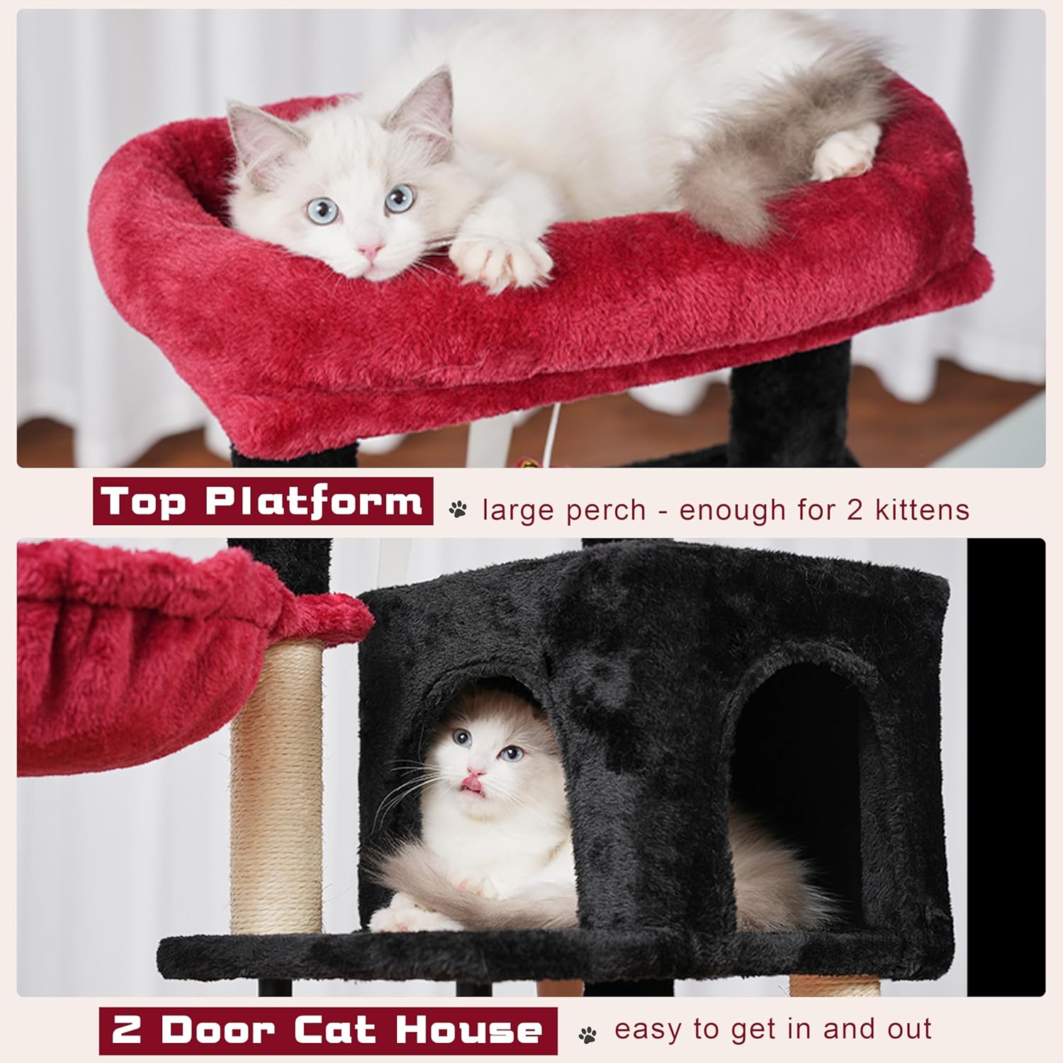 Close-up of the top platform and the two-door cat house, showing cats utilizing these spaces.