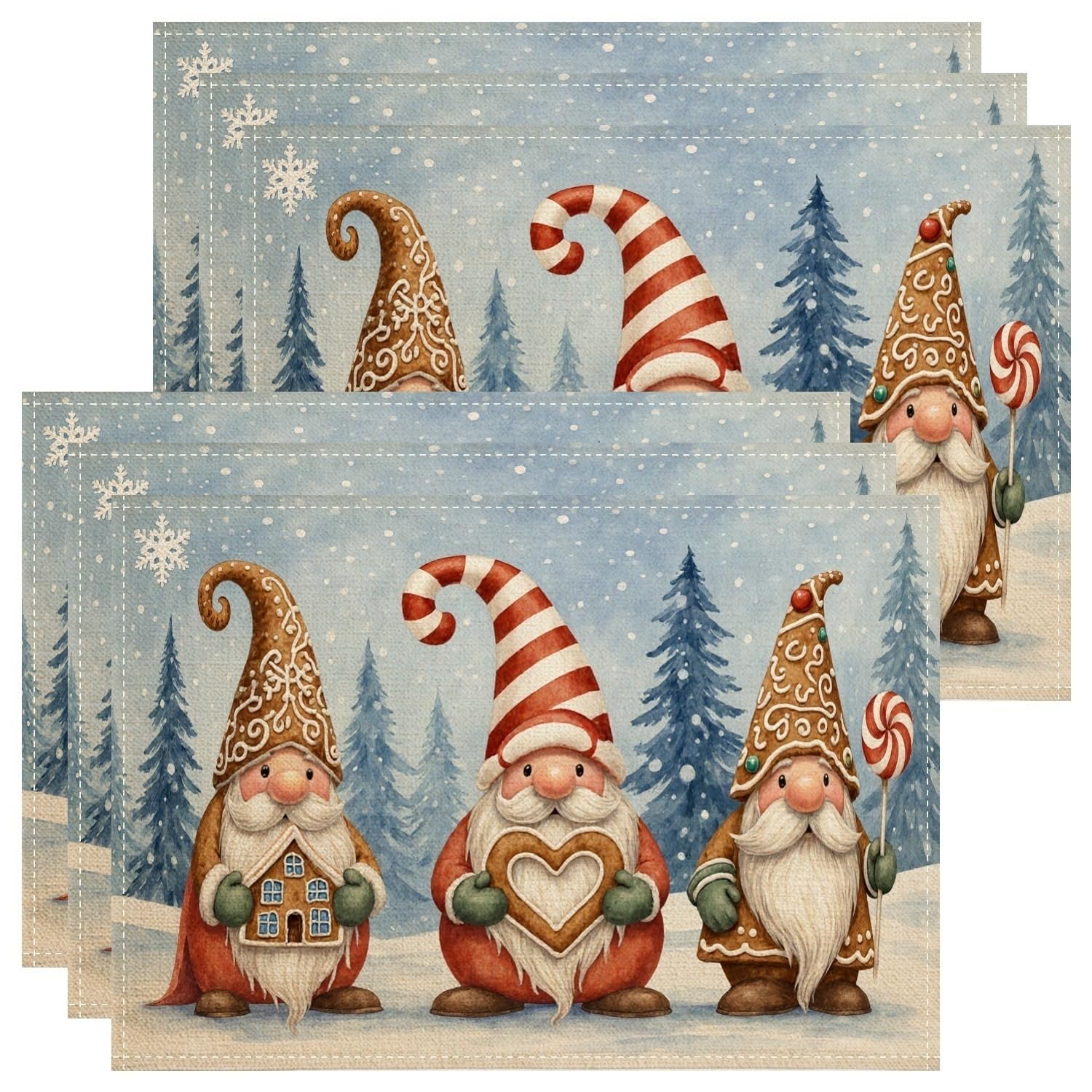 Christmas Gnome Placemats, Fanciful Vintage Holiday Place Mats for Dining Table, Festive Non-Slip Washable Indoor Outdoor Kitchen Party Decorative Placemat Set of 6