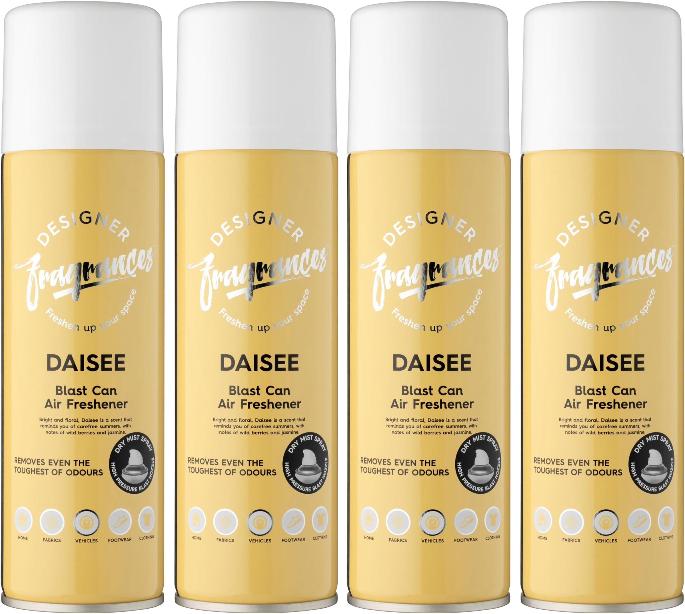 Designer Fragrances 4 Pack Daisy Air Freshener Blast Cans - For Home & Vehicles โ Natural Oils, Luxury Lasting Smell, Dry Mist Quick Release Spray โ Deodorise & Neutralise Odours โ 300ml