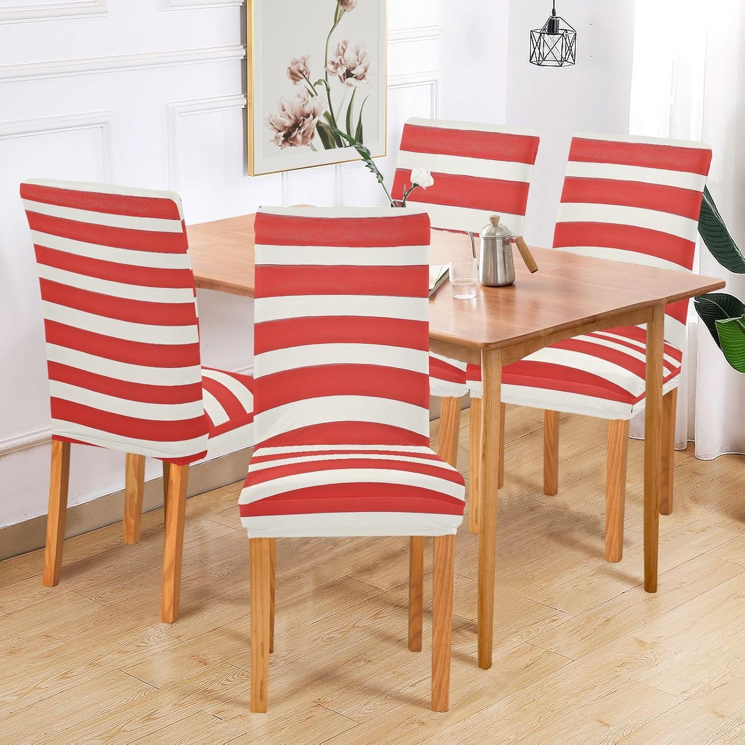 ALAZA Chair Covers for Dining Room, Red and White Stripes Stretch Chair Cover Sets Chair Protector Removable Washable for Ktichen Restaurant Hotel