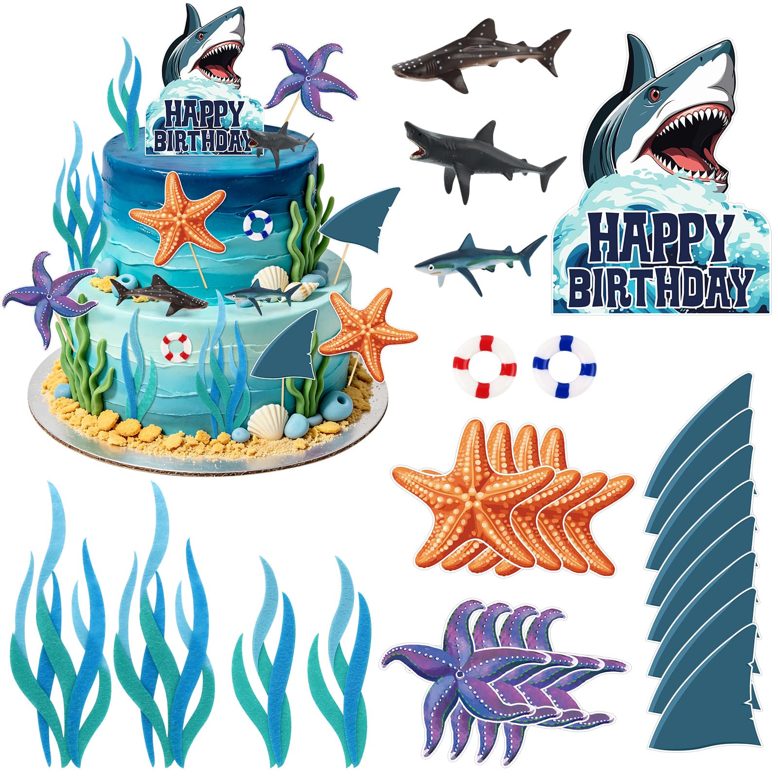 Hooqict 24Pcs Shark Cake Decorations Set with Mini Sea Animals Shark Cake Toppers & Cupcake Toppers for Ocean Theme Under the Sea Birthday Party Decorations Supplies โ image 1