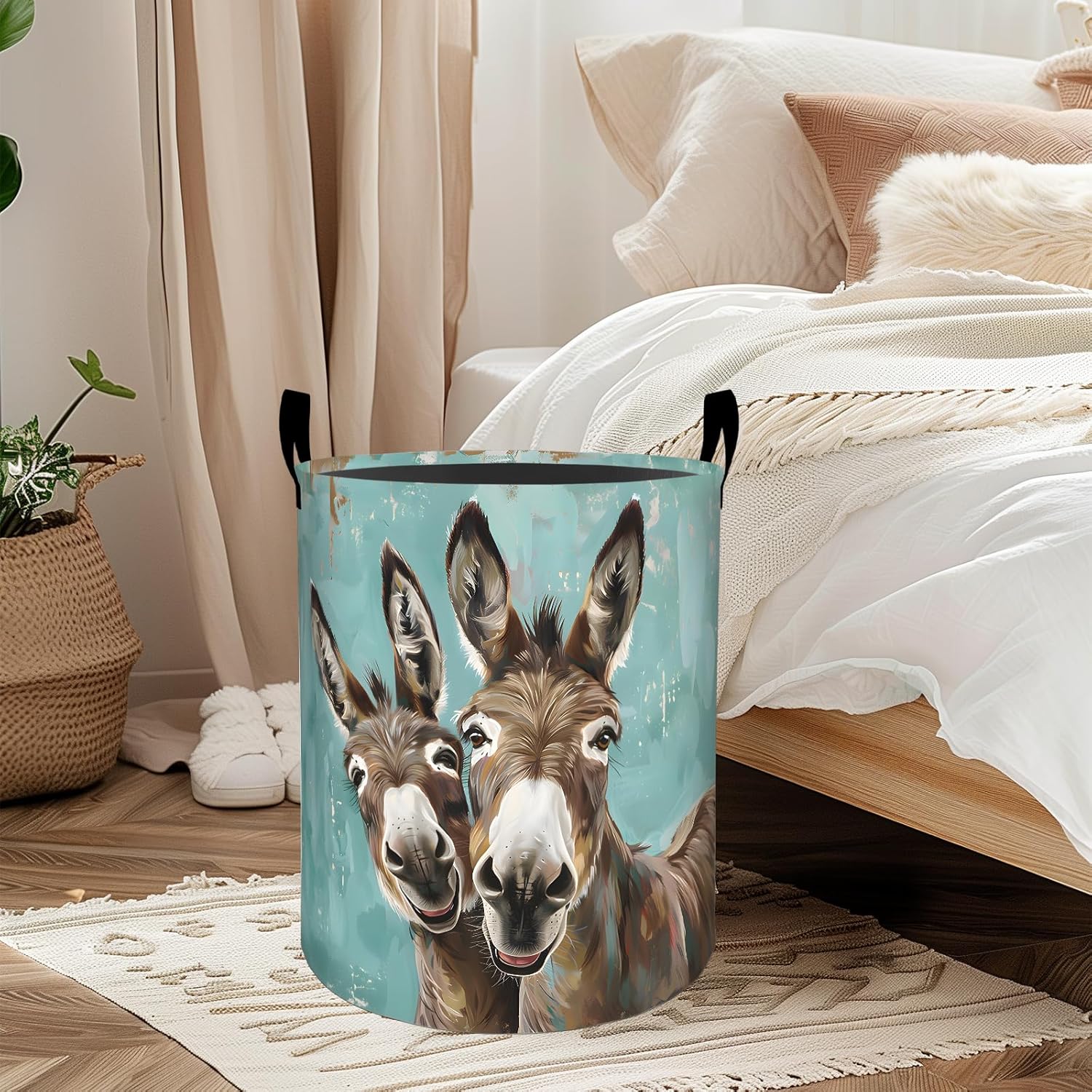 Funny Donkey Laundry Basket, Oxford Cloth Whimsical Playful Dirty Clothes Collapsible Hamper for Room Decor, Farm Animal Print Gifts Toy Organizer 19.7 * 15.8 Inch for Bedroom Bathroom Dorm