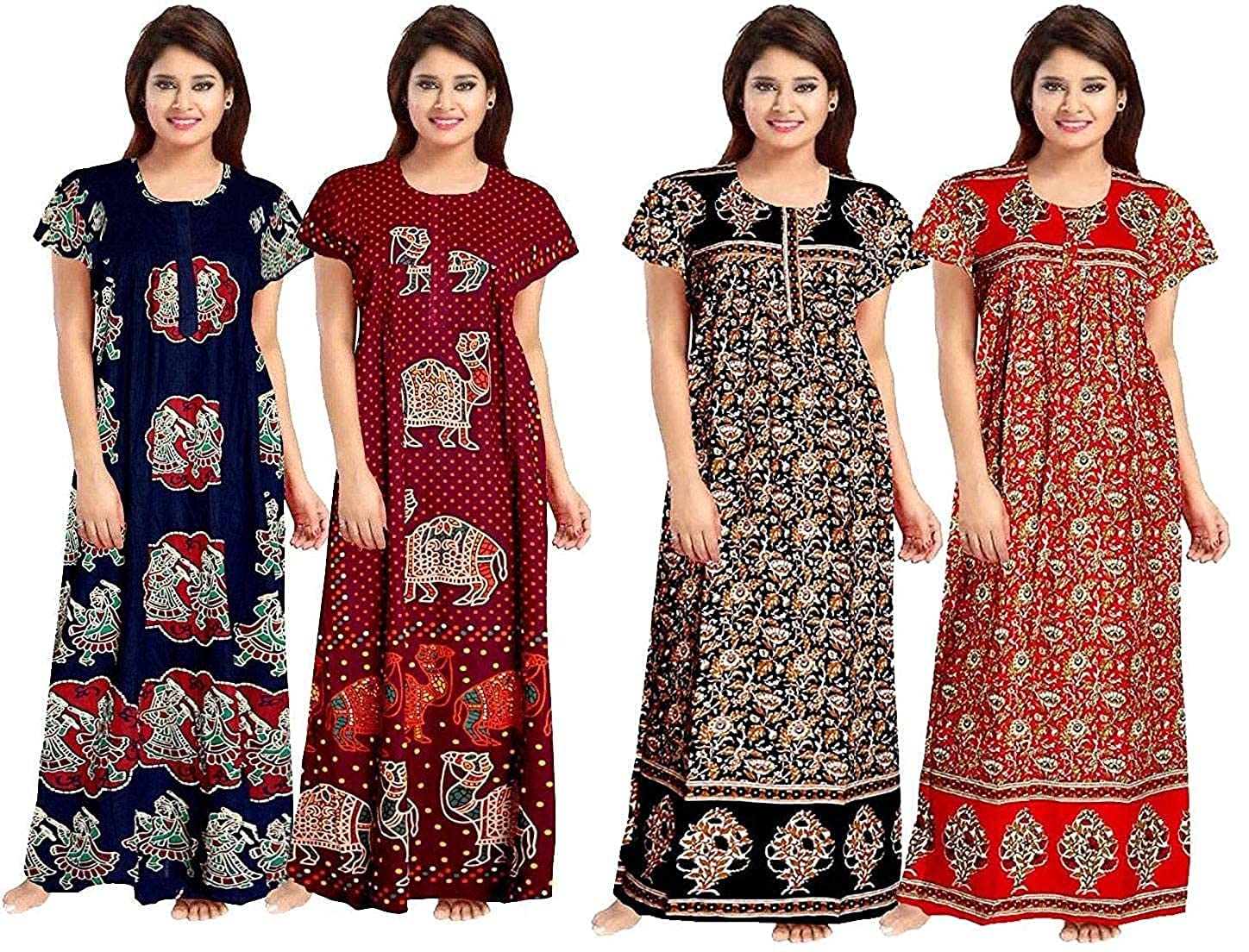 kbnbj Women’s Cotton Printed Maxi Nighty (Pack of 4) – Ankle-Length Night Dress Gown, Soft & Comfortable Sleepwear, Free Size Multicolour-picture-12