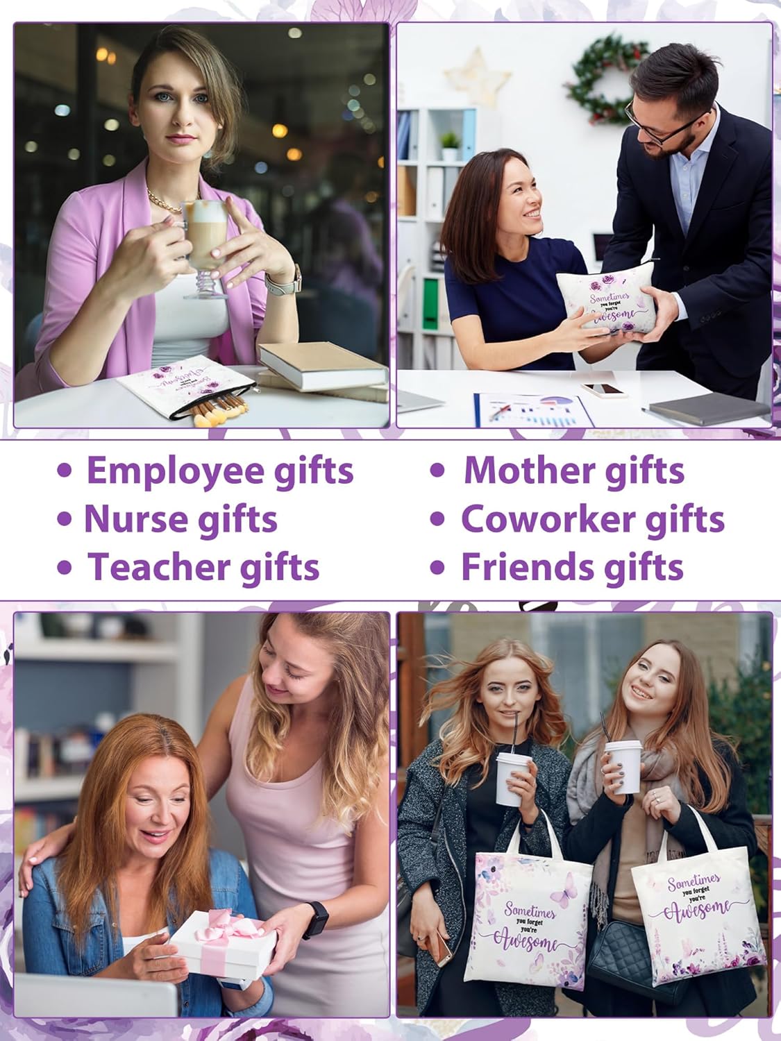 Shinylin 10 Pcs/5 Sets Teacher Appreciation Gifts Bulk Purple Butterfly Tote Bag and Makeup Bag Set Employee Appreciation Gifts Bulk You're Awesome Presents for Teacher Nurse Women Worker