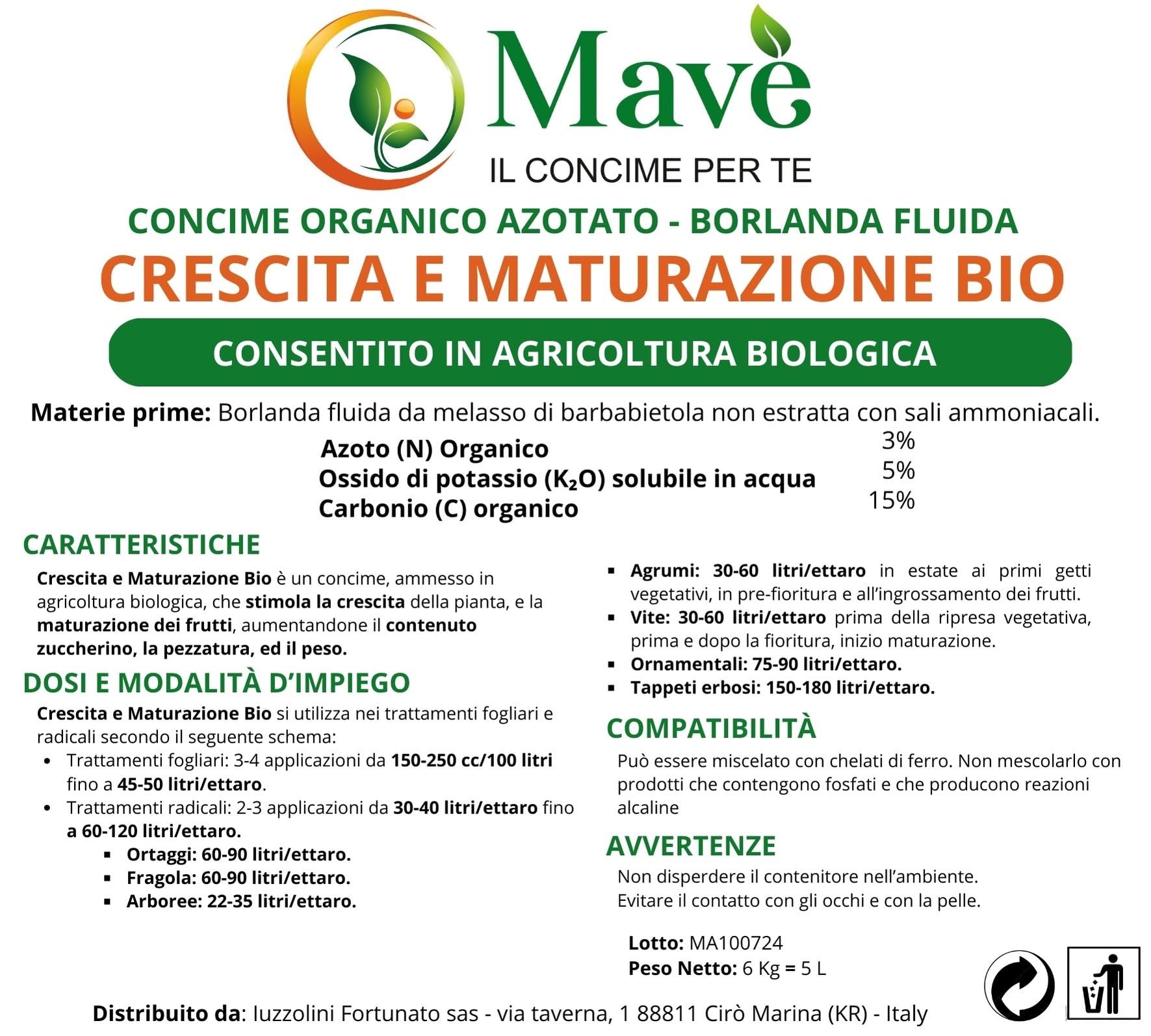 Mavè concime Crescita e maturazione Bio 5 Lt - fertilizzante Biologico per piante, orto, olivo, vite, agrumi, prato, alberi da frutto - per far maturare i frutti