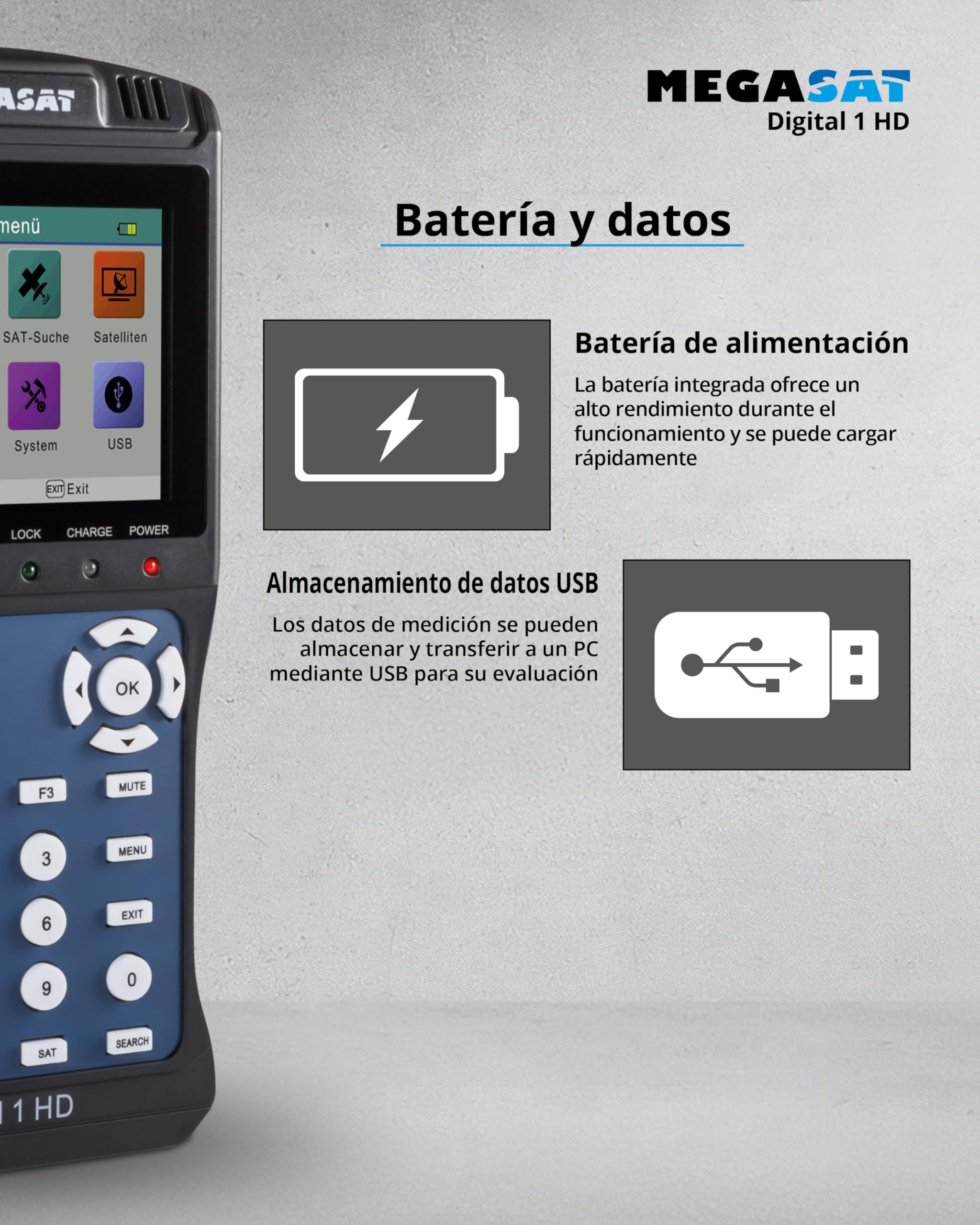 Megasat Digital 1 HD – Medidor de señal satélite, Imagen de TV en Directo | Para DVB-S & DVB-S2, pantalla a color de 3,5", Unicable, batería