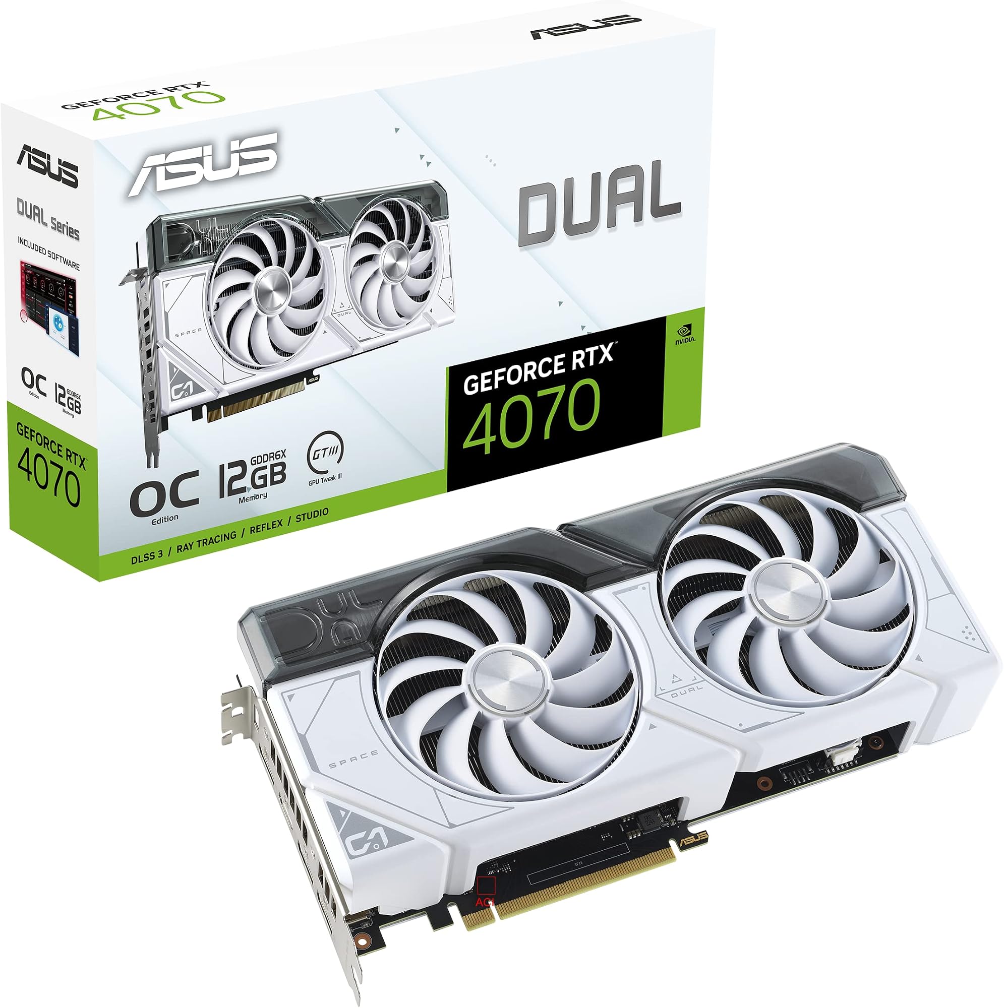 ASUS DUAL-RTX4070-O12G-WHITE - 12GB GDDR6X, 2550OC/2520MHZ, HDMI, 3DP, Graphic Card - 90YV0IZ4-M0NA00: image 1 of 8