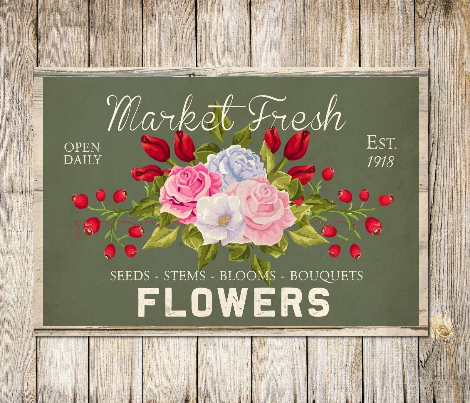 Market Fresh Flowers Vintage Style Flower Wall Art Sign Decor Metal Plaque