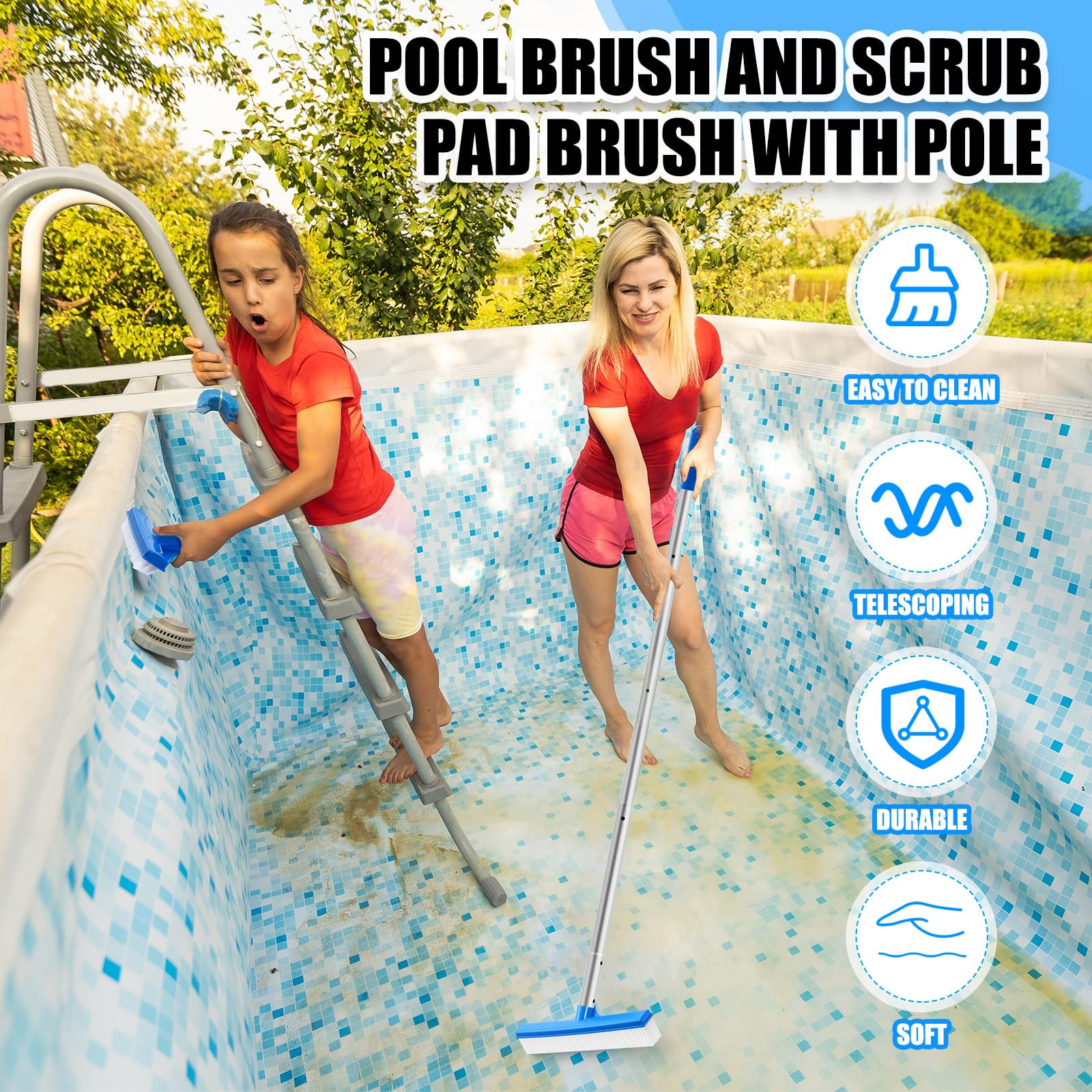 Tioncy Kit de nettoyage de piscine 4 pièces comprenant une tête de brosse de piscine de 30 cm avec manche en aluminium de 119,4 cm, une brosse à récurer à la main et des éponges à récurer pour spa