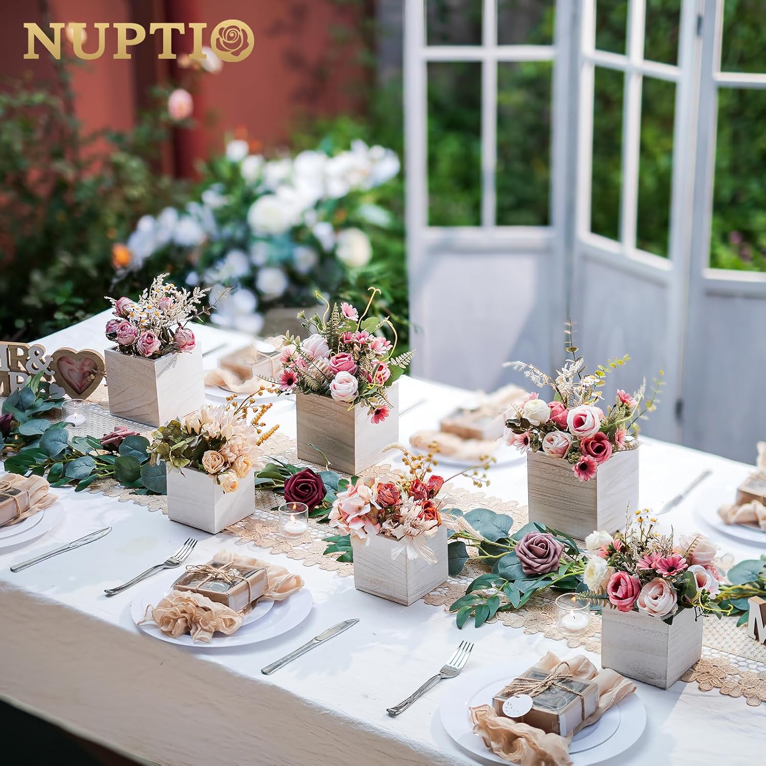 NUPTIO Wooden Box for Centerpiece Wedding: 6 Pcs Rustic Square Planter Box Farmhouse Table Fall Decor - 4×4" & 5×5" Whitewashed Small Wood Vases Flower Pots for Windowsill Home Garden