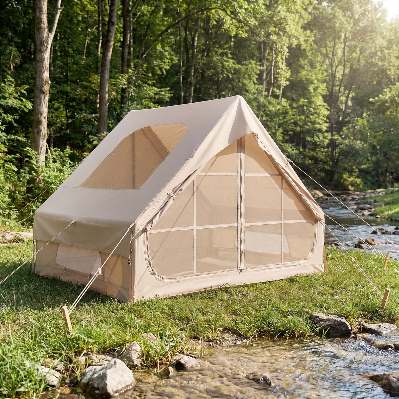 COSTWAY Tienda de Campaña Inflable con Claraboya, Tienda Glamping Familiar para 4 Personas con Puertas, Ventanas de Malla, Bomba de Aire, Bolsa de Transporte, Carpa Camping Exterior para 4 Estaciones