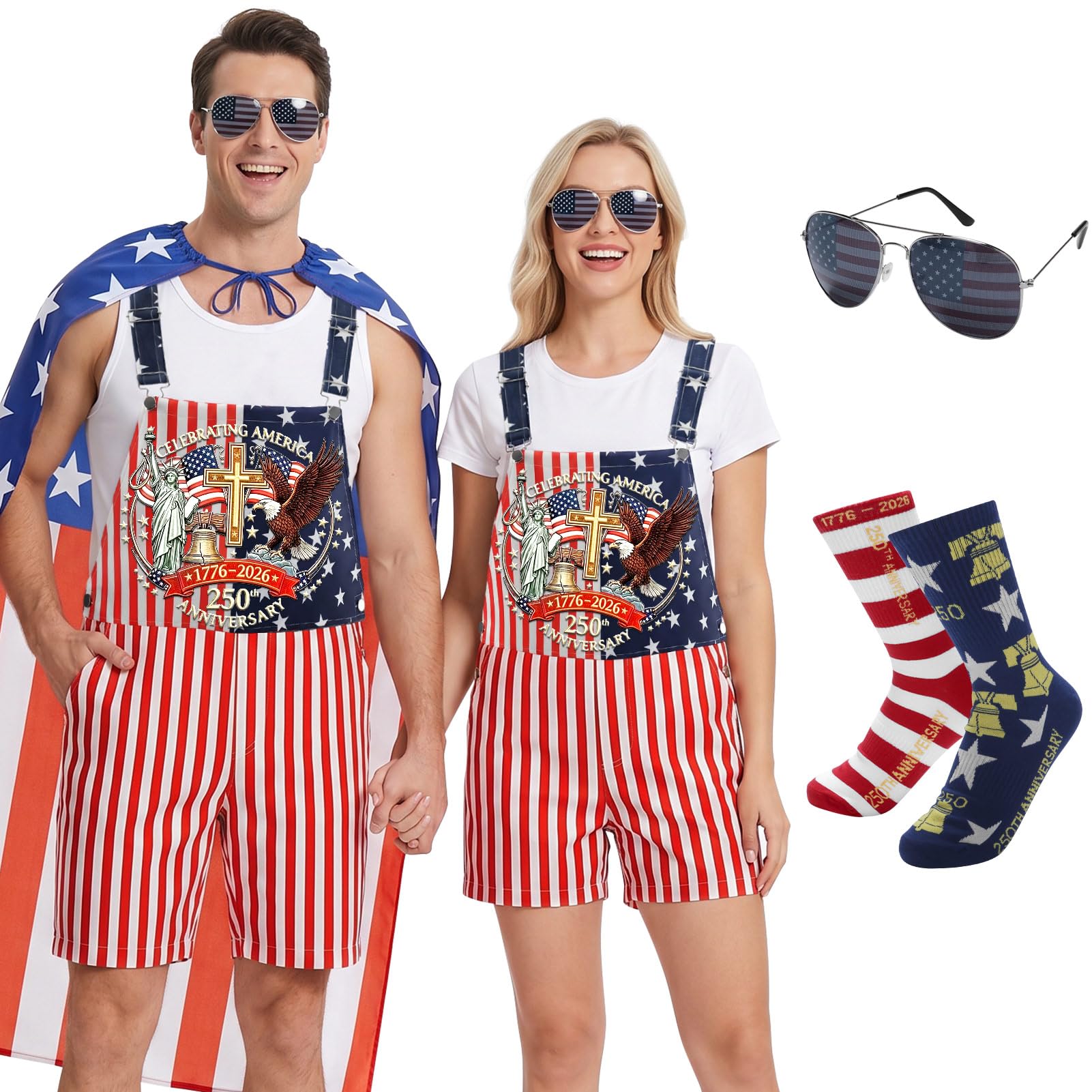 Photo 1 of **GLASSES ARE DAMAGED**Metaparty American Flag Overalls for Men Women, 250th Anniversary 4th of July Patriotic Bib Shorts with Cape Sunglasses Socks (Cross, XL)