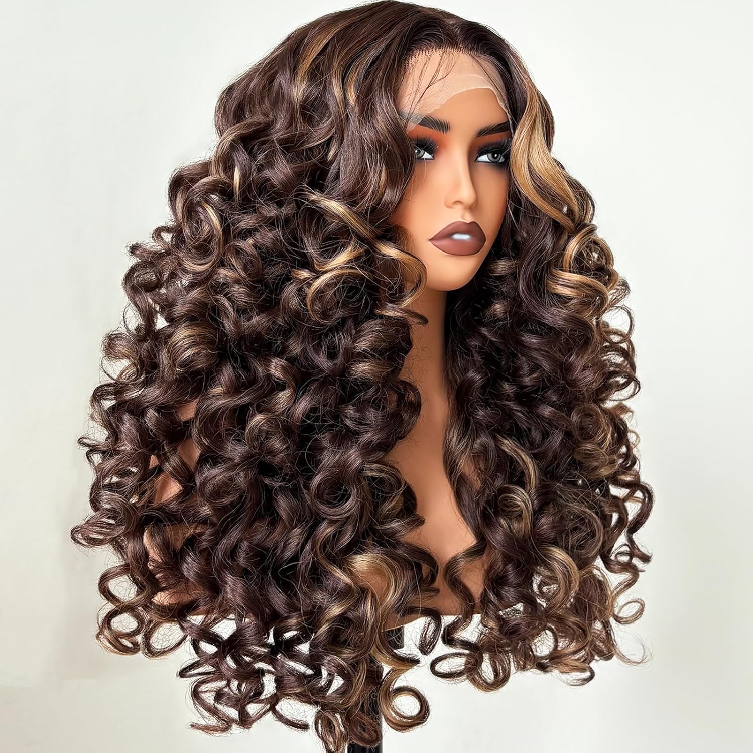 Curly Lace Front Wig Pre Plucked Middle Part Closure Wigs 22 Inch Brown Mix Dark Blond Pre Cut Synthetic wigs 4A curls hair textures Wear And Go Long Glueless Curly Wig for Women