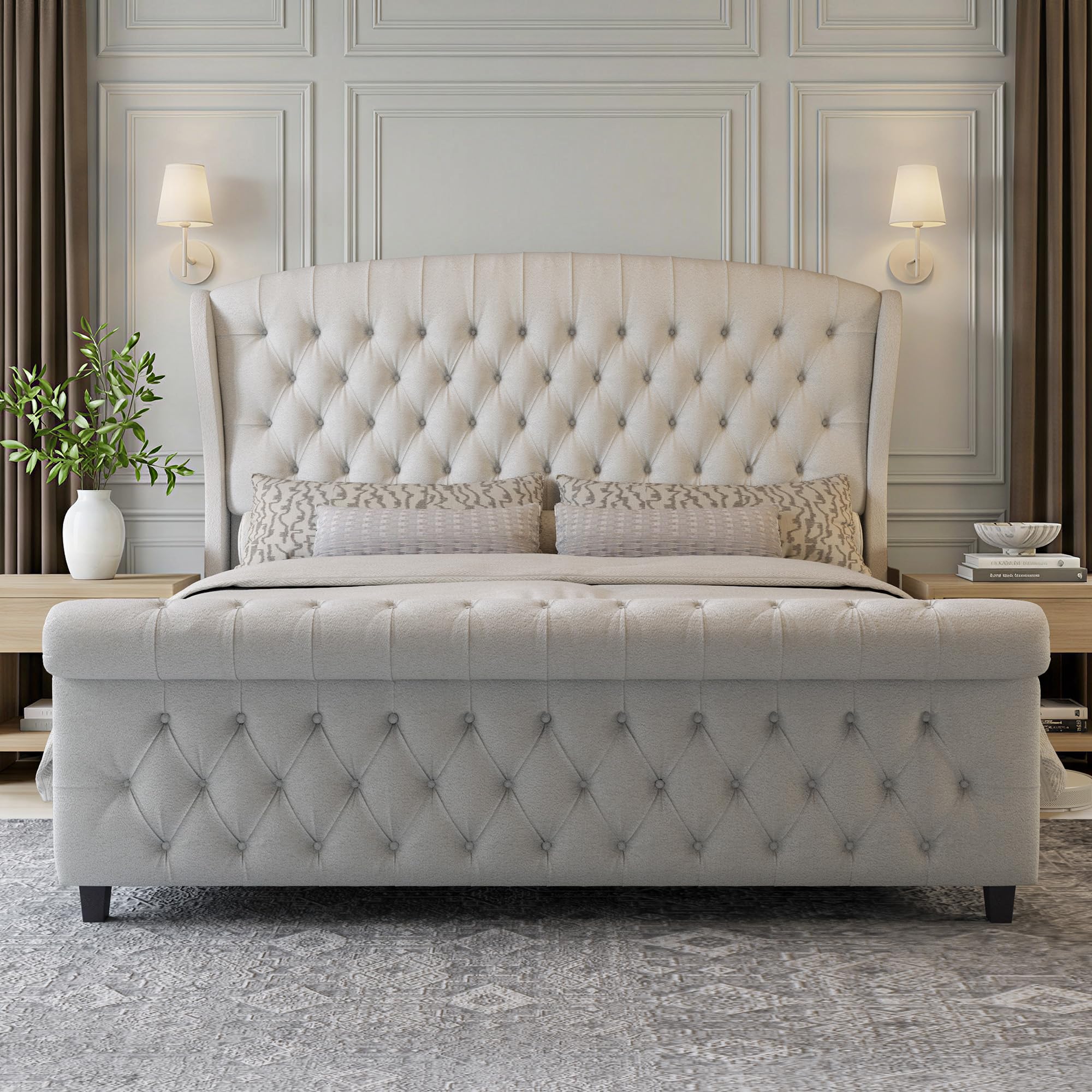 LUXOAK Queen Size Upholstered Sleigh Bed Frame with Tufted Headboard