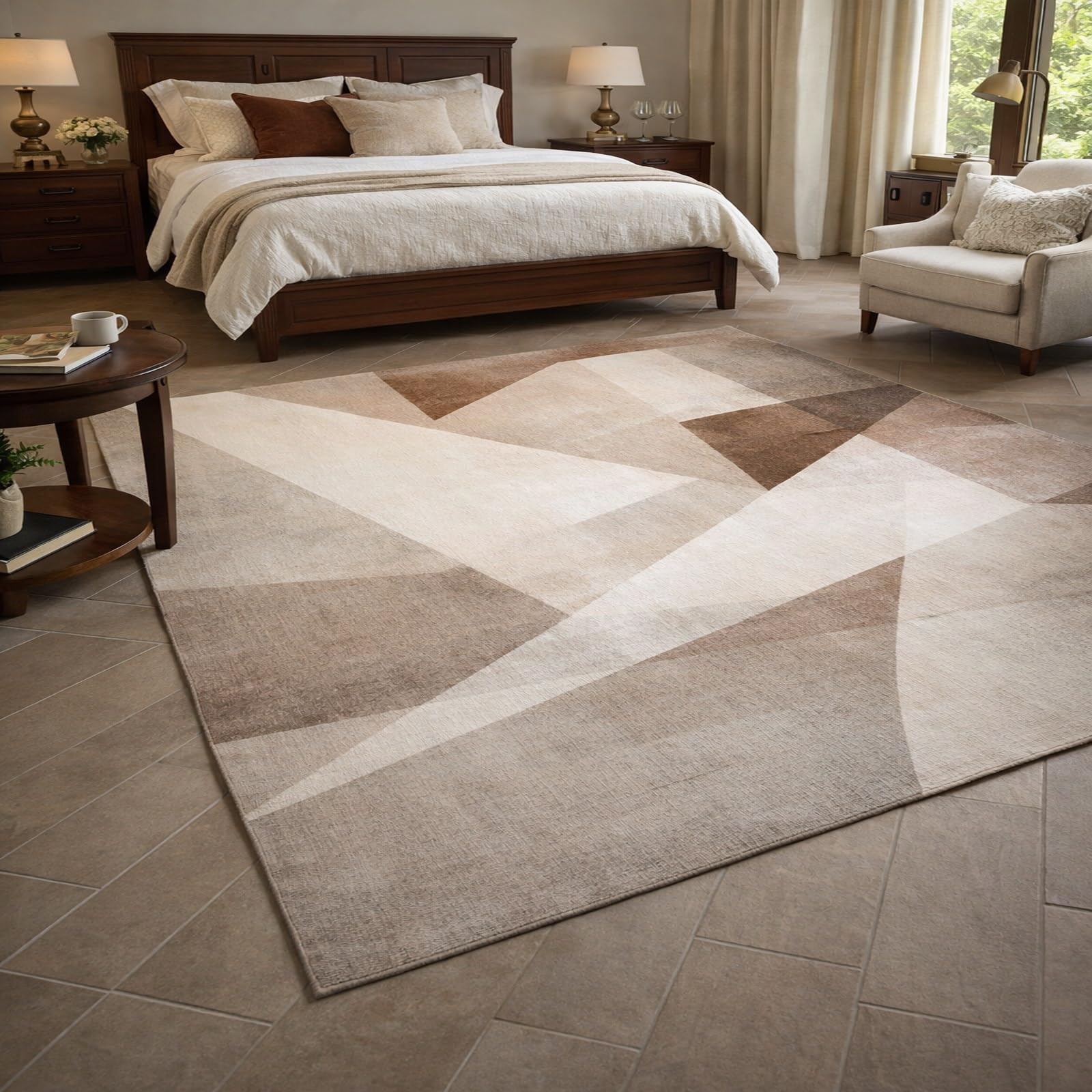 Tapis beige moderne géométrique 150x150 cm en nuance blanc et gris