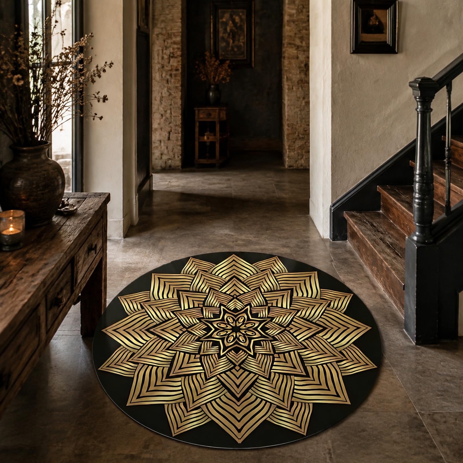 Tapis rond géométrique moderne jaune et noir 110 cm pour chambre et bureau