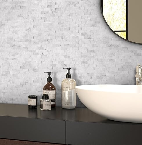 SUNWINGS Azulejos autoadhesivos de piedra natural 3D de mosaico para despegar y pegar, 12 x 11 pulgadas, 5 hojas adhesivas en muro para cocina,