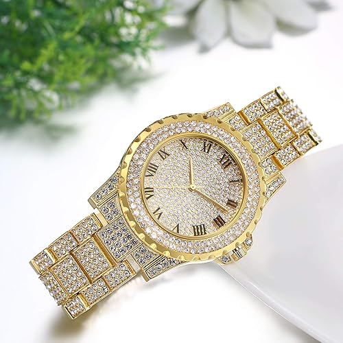Miniatura 7 de JewelryWe Men Watches Gold Tone Alloy Quartz Watch Stylish Rhinestone Business Casual Dress Wristwatches for Christmas