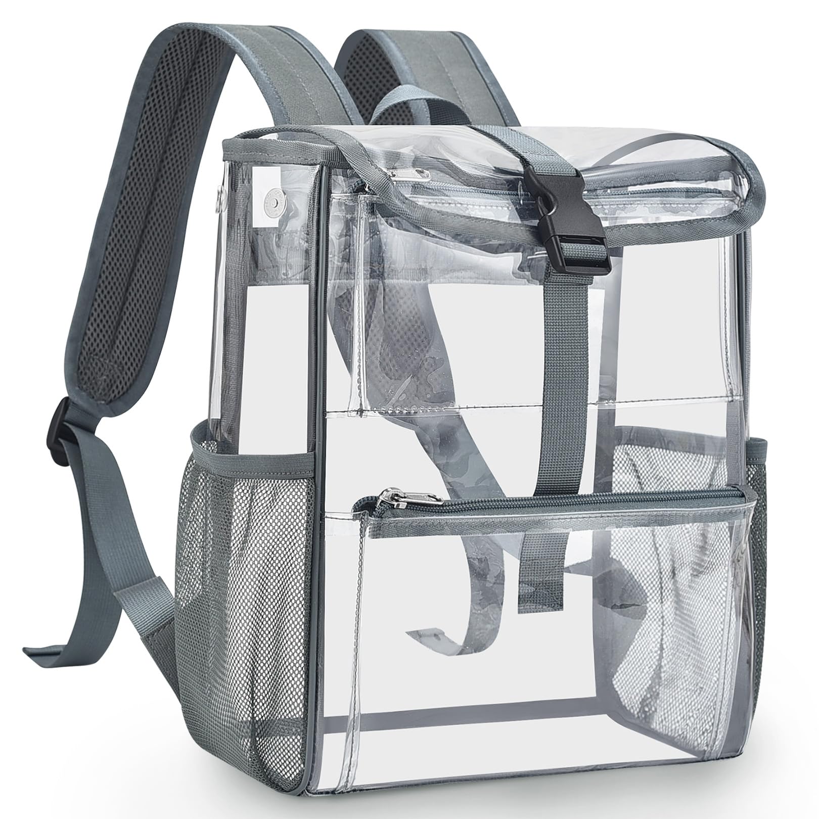Mildbeer Clear Stadium Backpack for Sports Events & Concerts - 12x12x6 Compact PVC Flap Backpack with Multi-Pocket Design, Grey