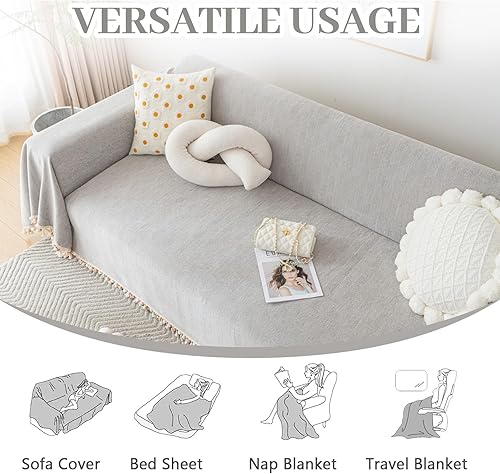 Miniatura 7 de Funda bohemia para sofá de 3 cojines, funda de sofá de felpilla con borlas, lavable, funda de sofá en espiga para sofá modular, protector de muebles