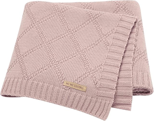 Hadetoto Baby Blanket Soft 100% Cotton Knitted Baby Cellular Blanket for Newborn Boy Girls - Pink