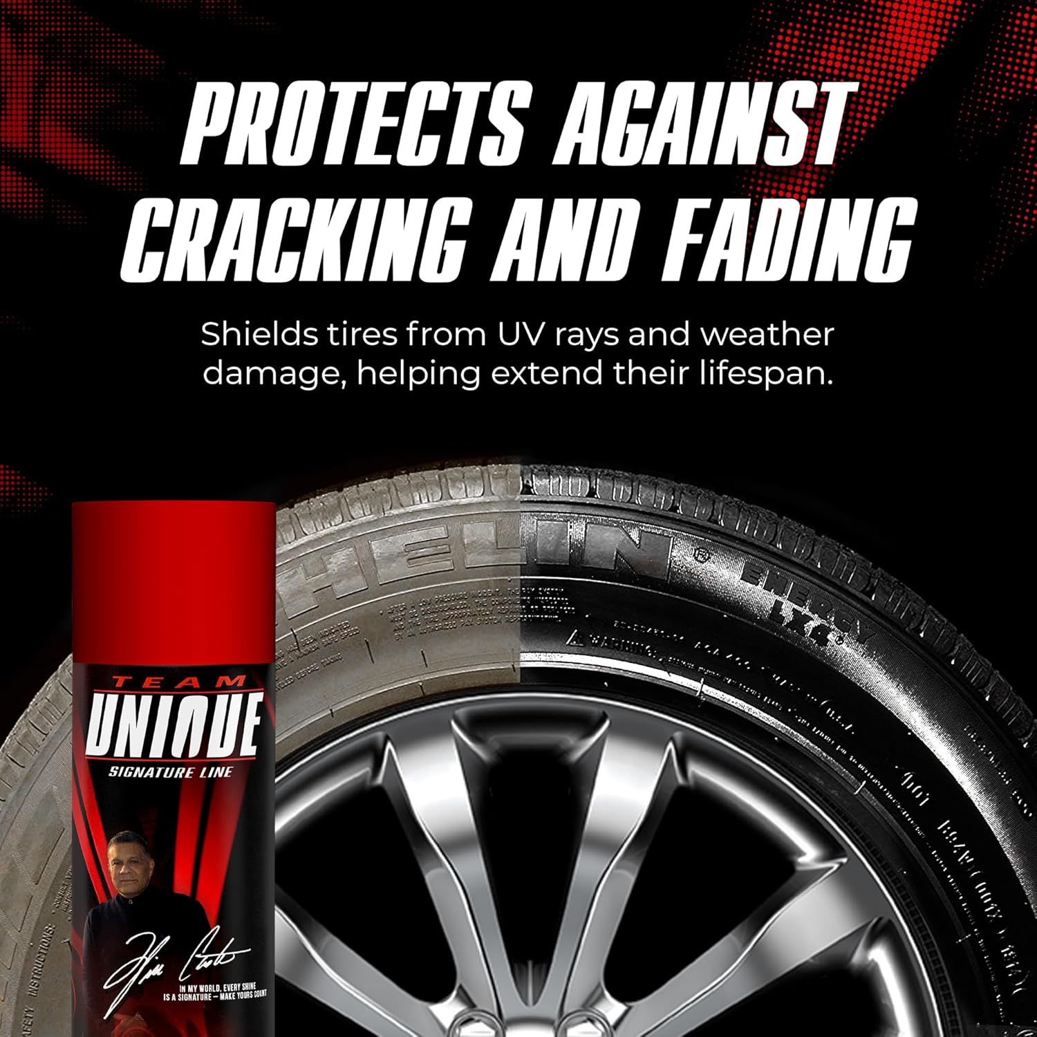 TEAM UNIQUE Tire Shine Gloss – 18.6 Fl Oz (550mL) Pack of 12 | High-Gloss Formula for Ultimate Tire Shine | Protects Against Cracking and Fading | Non-Greasy, Low-Sling Spray for Easy Application - Image 5