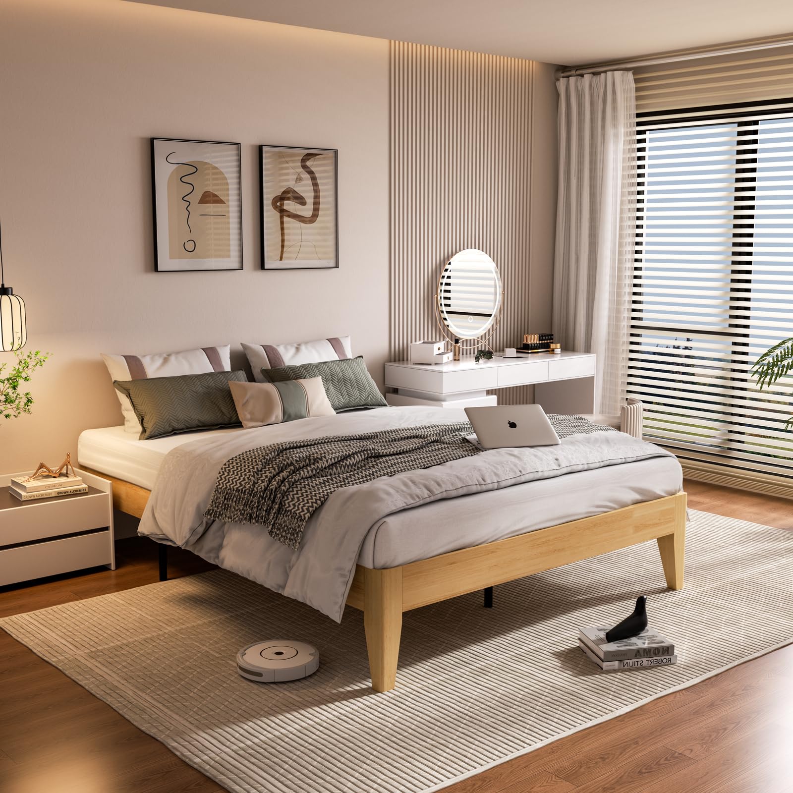 Solid Wood Bed Frame, Mid Century Modern Wooden Platform Bed, Wooden Bed Slats, No Box Spring Needed, Noise Free Easy Assembly(Full Nature)