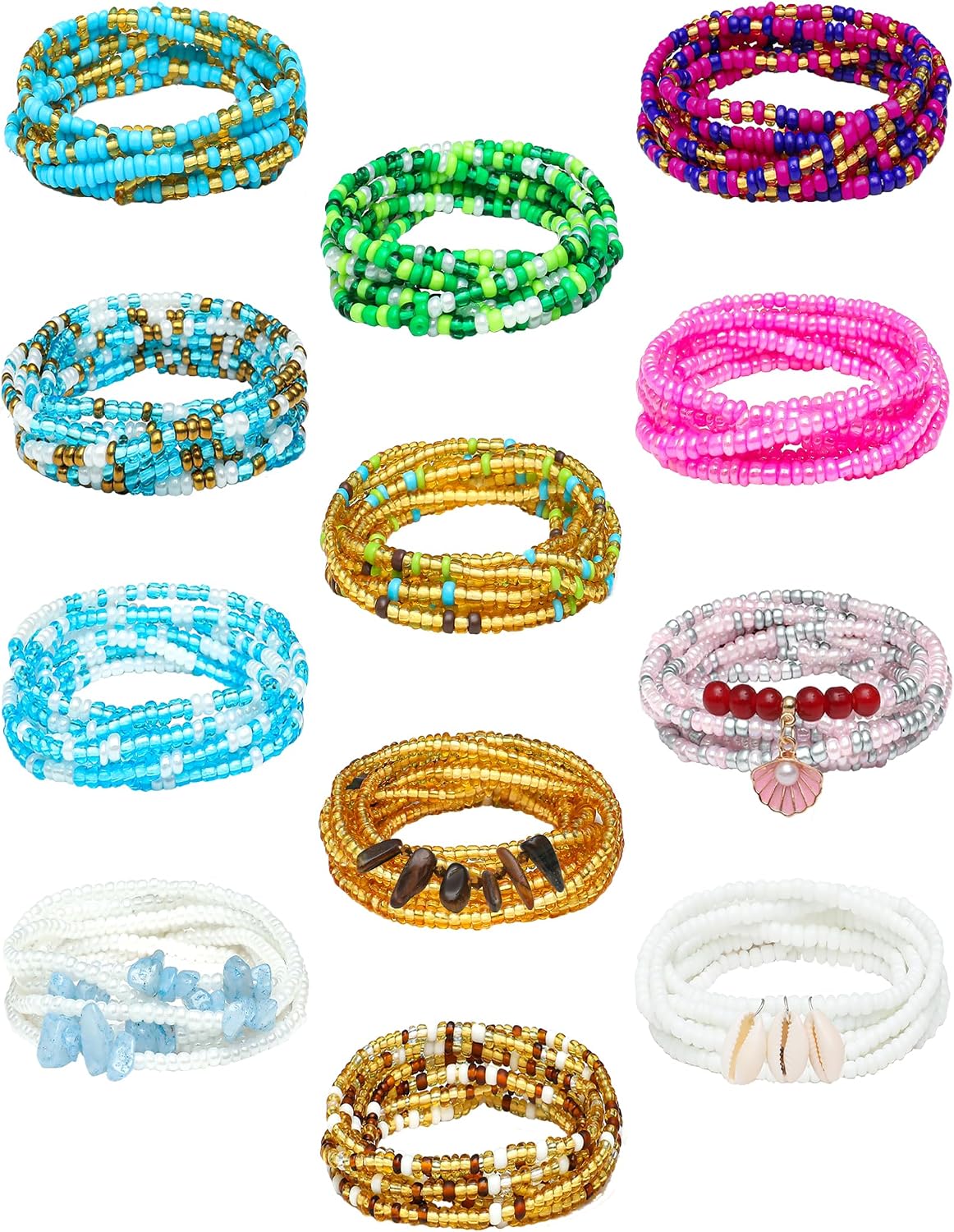12Pcs 50 Inch Waist Beads Set for Women Plus Size African Belly Beads Layered Non Stretching Handmade Body Chains Colorful Boho Summer Beach Bikini Tie-on Body Jewelry Accessories Adjustable