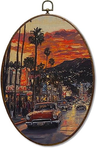 Arte de pared de acuarela al atardecer, arte colgante enmarcado vintage, decoración de pared de lienzo ovalado retro, impresiones rústicas de estilo