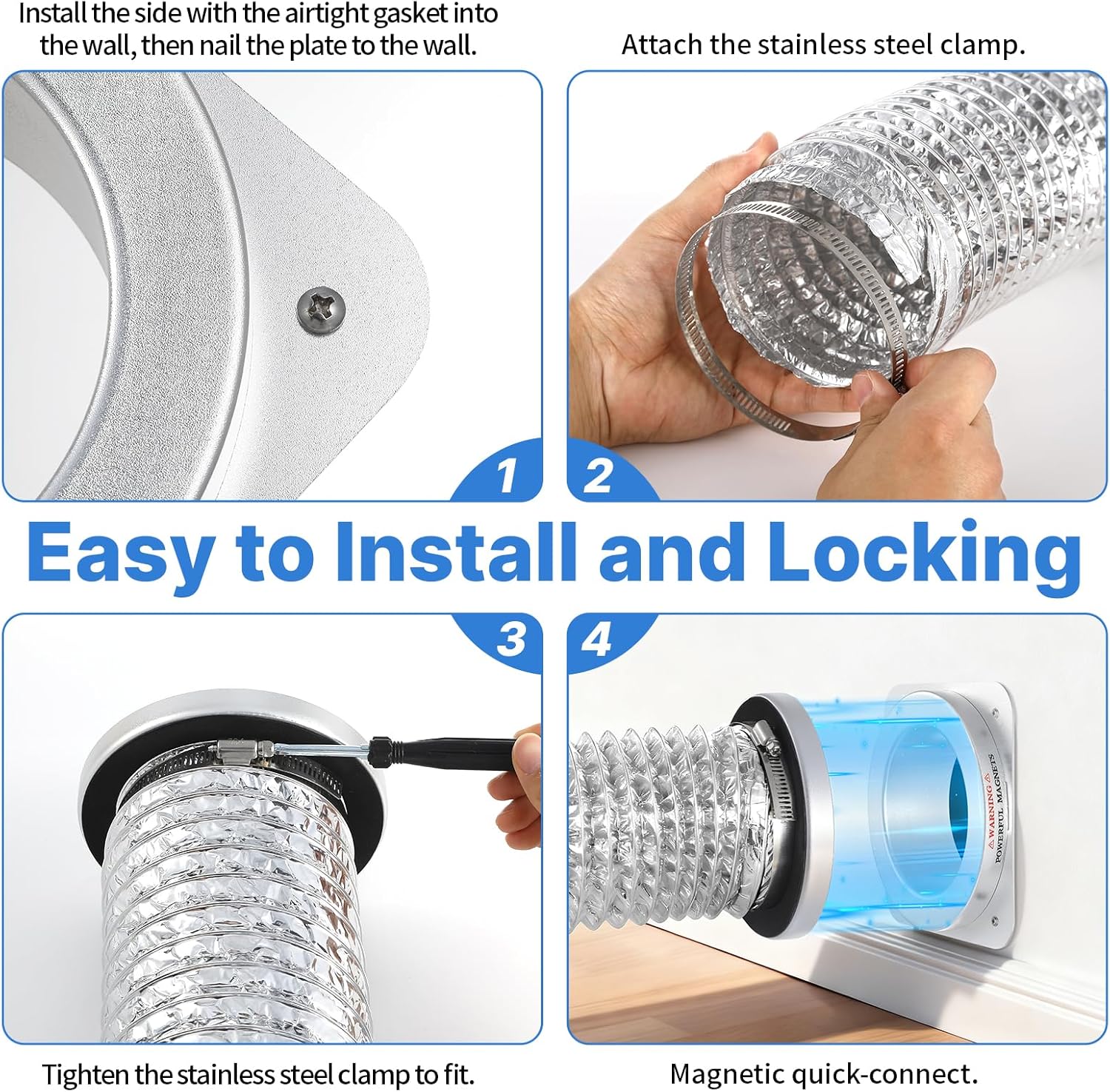 Magnetic Dryer Vent Connector Kit, DV180 Airtight Seal Coupling, Strong Magnet Quick Connection Self-Alignment Easy to Clean Included a 4ft 4" Duct & 2 Clamps