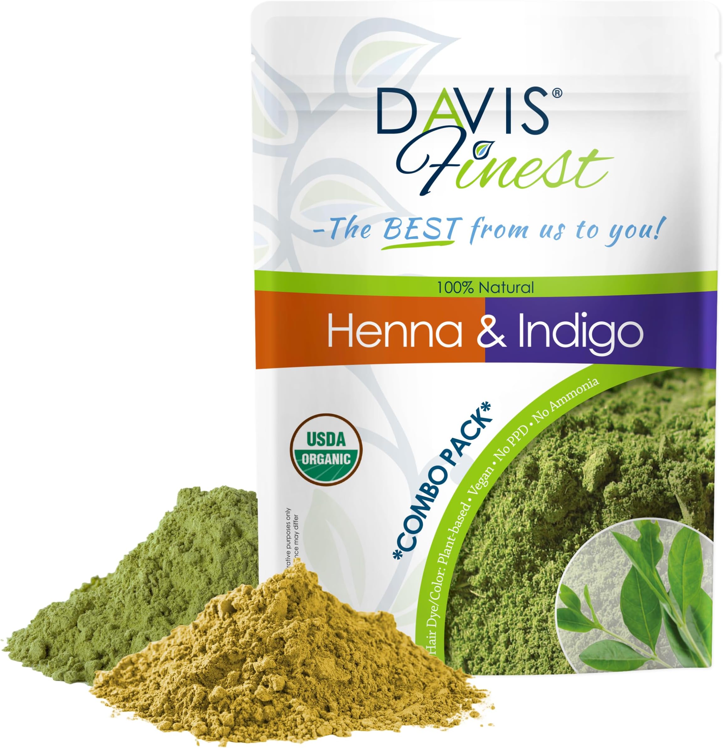 Davis Finest - Henna & Indigo Powder - 200g Combo Pack (100g Each) - 100% Organic Hair & Beard Dye - Natural Colouring for Men & Women - Softening, Thickening & Volumising - PPD-Free & Vega