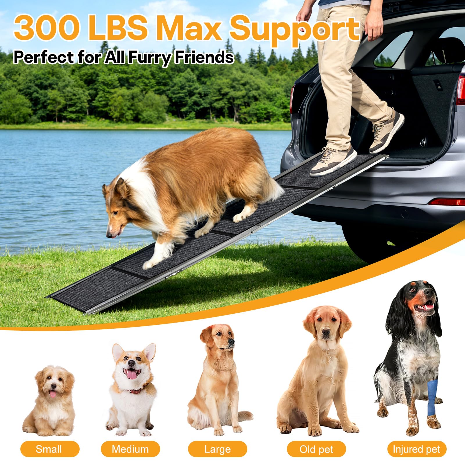 Rampes pour chiens de grande taille, 180,3 cm de long et 50,8 cm de large, en aluminium pliable extra large avec surface de tapis étanche IP64 et antidérapante, jusqu'à 136,1 kg pour chiens géants