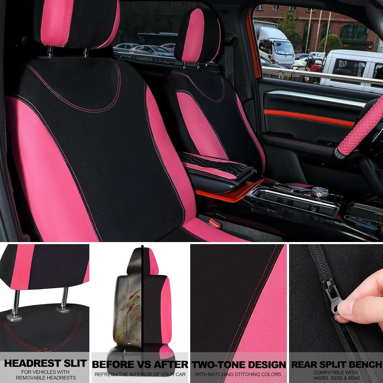 BBTO 43 Pcs Car Accessories Set for Women Front Seats and Rear Bench Polyester Car Seat Protectors Wheel Cover Seat Floor Mats Full Crystal Automotive Interior Decor(Pink and Black)
