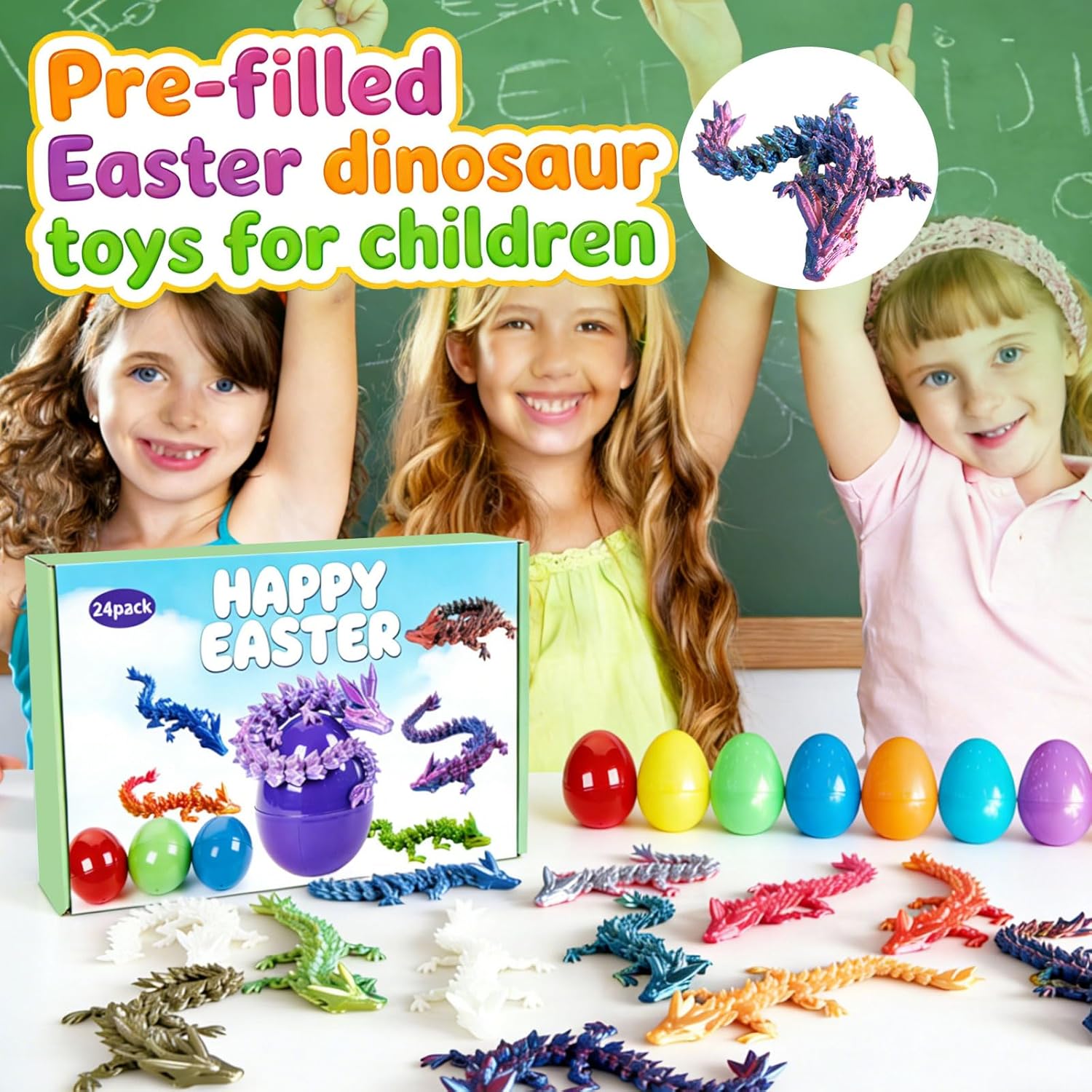 IRRONN 24Pcs Easter Eggs with 3D Printed Dragons Inside,Articulated 3D Printed Dragon for Easter Basket Stuffers,Fantasy Fidget Toyfor Kids Party Favors
