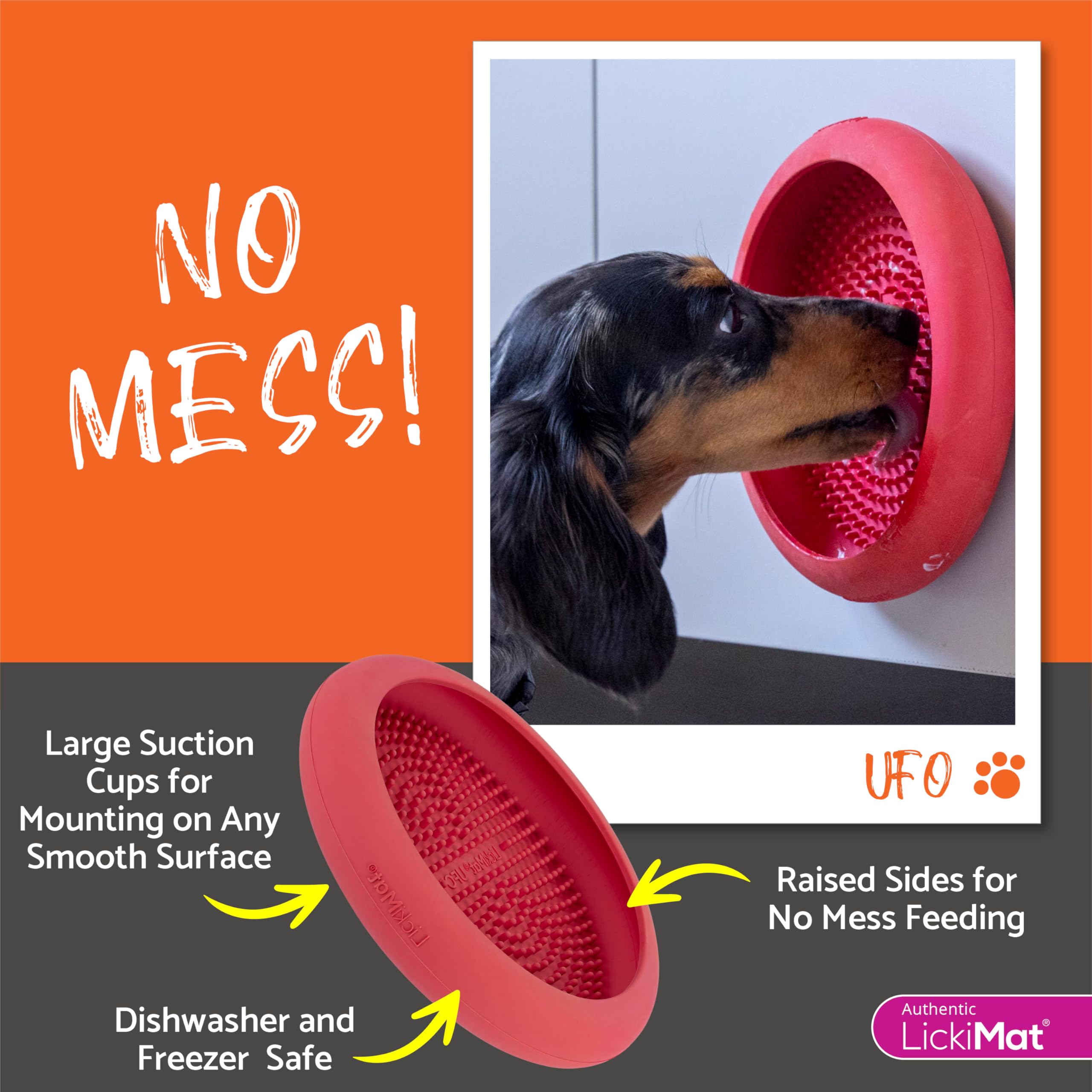 LickiMat UFO Ablenker für Baden, Duschen und Fellpflege, Naturkautschuk, großer Schnuller, Lecknoppen, weiche und laufende Leckereien, einzigartiges Futter- und Dribbelfänger-Design, langsamer