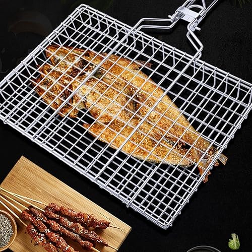Miniatura 6 de TOPINCN Cesta de parrilla cuadrada de acero inoxidable plegable con mango de haya, red de parrilla de madera para parrilla de acero inoxidable,
