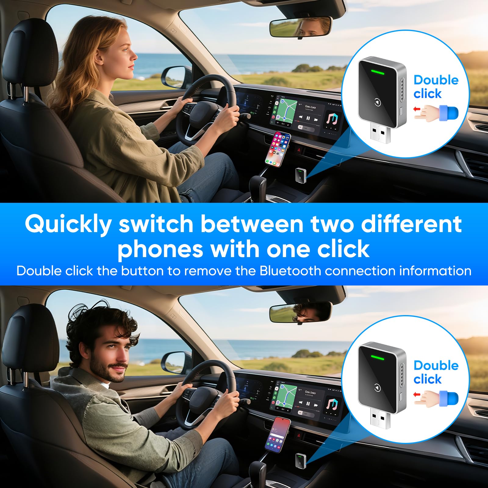 MYPIN Bezprzewodowy adapter 2 w 1 do CarPlay/Android Auto, stabilne połączenie i brak opóźnień, adapter CarPlay z przedłużaczem USB A/C, kompatybilny z iPhone/Android, czarny