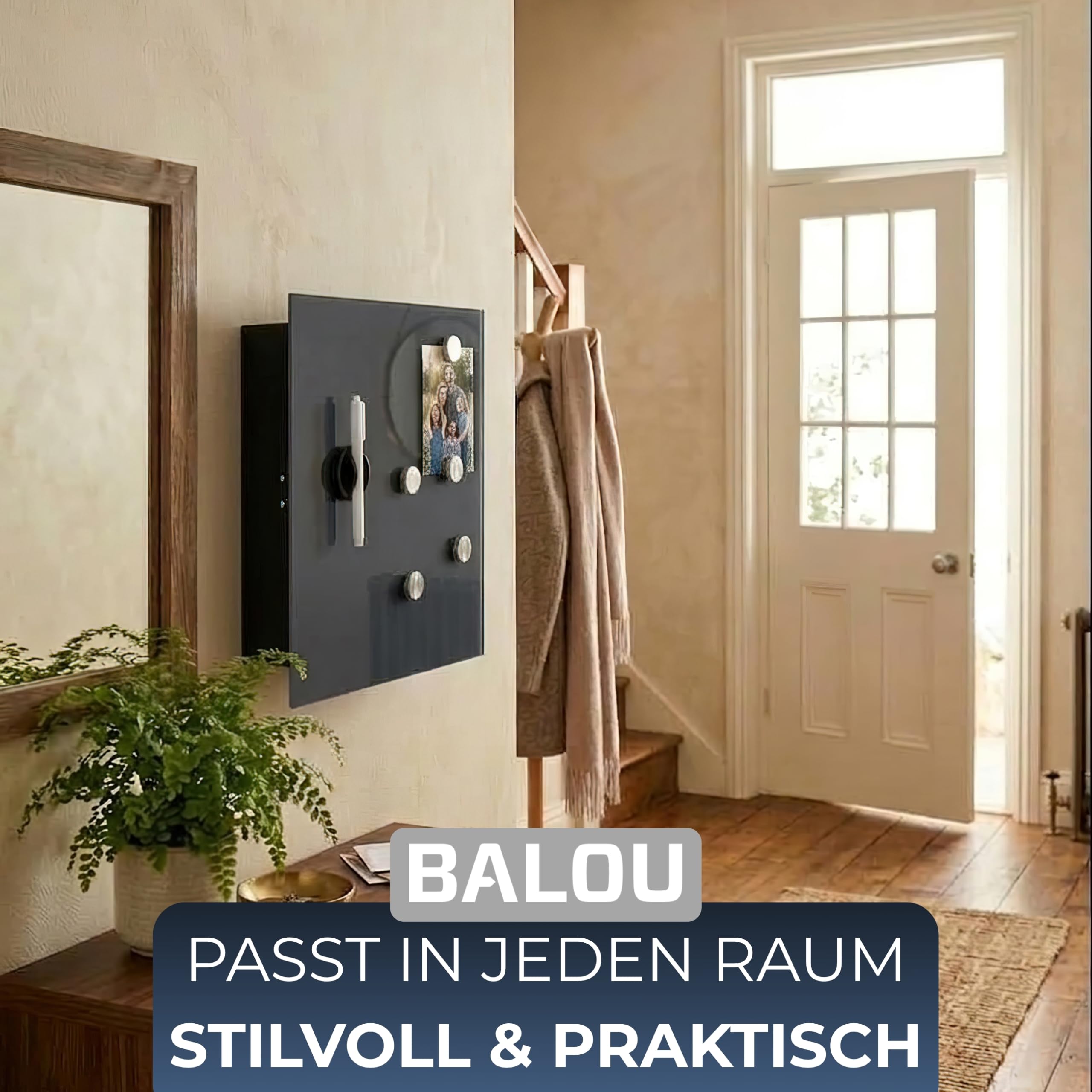 BALOU Schlüsselkasten modern mit Glas Magnettafel - Memoboard magnetisch mit 6 Magneten und Stift - Schlüsselschrank groß mit 20 Haken - Ideal für Flur, Eingangsbereich, Büro - 33x33x6,8cm anthrazit