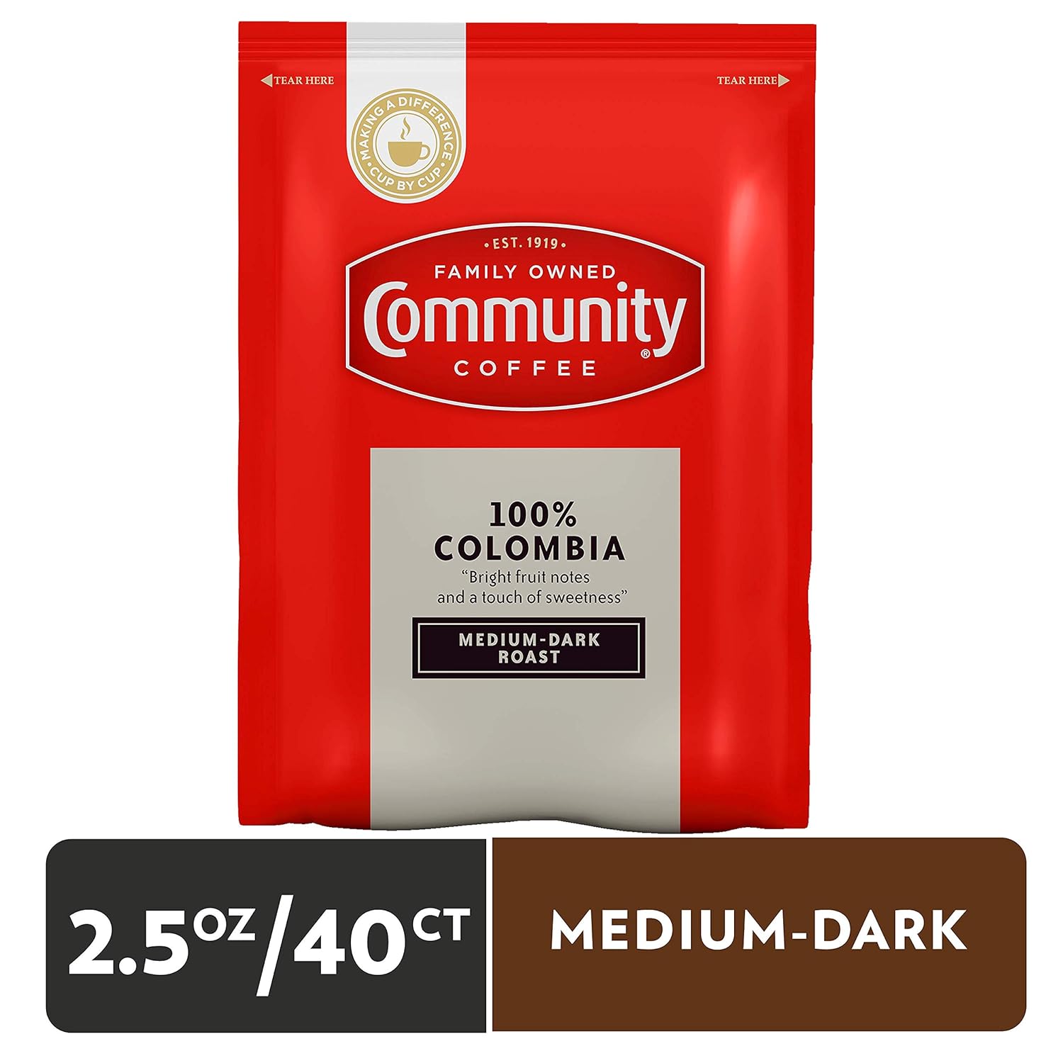 Community Coffee 100% Colombia Pre-Measured Coffee Packs, Medium Dark Roast, 2.5 Ounce Each (Box of 40)