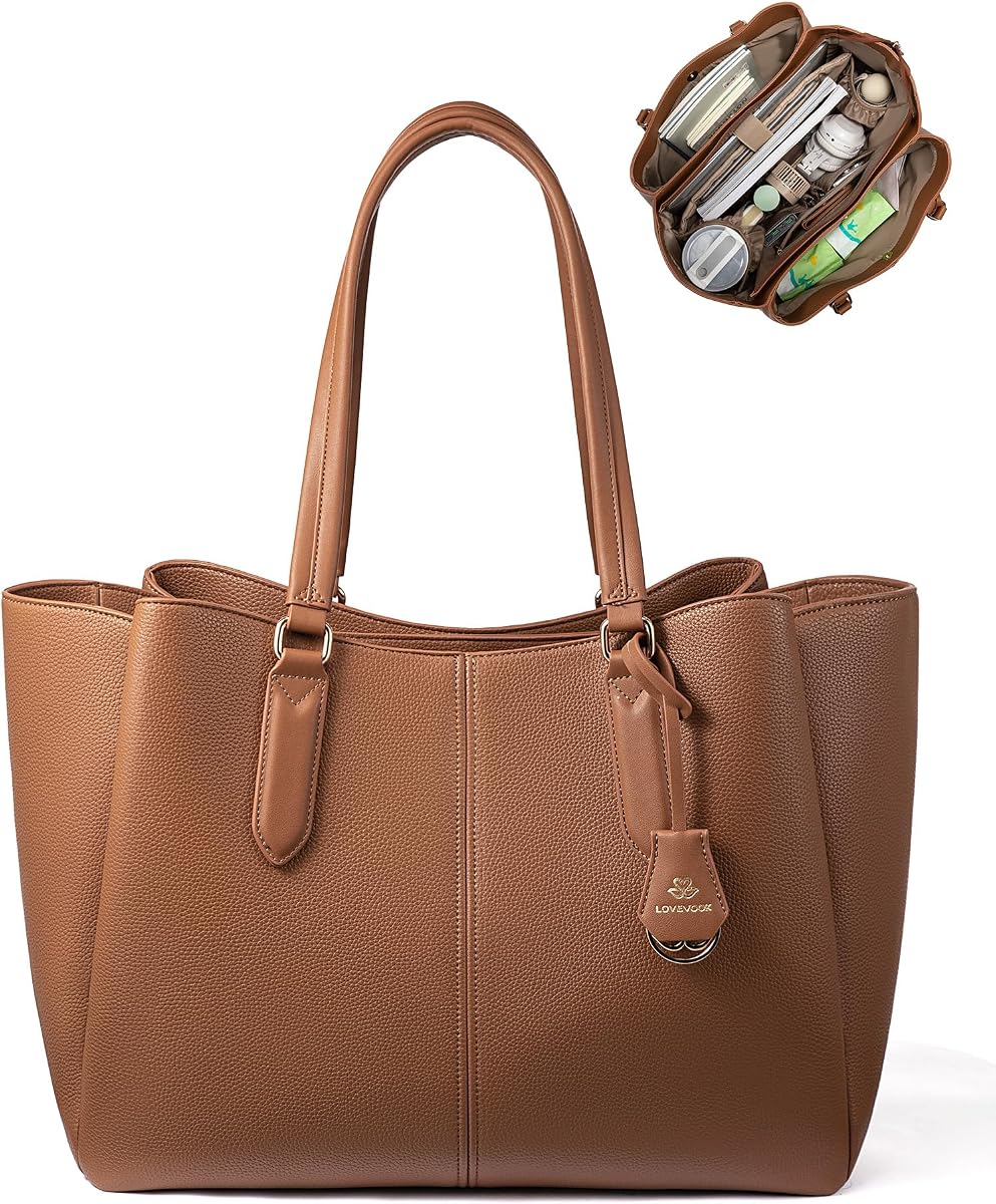Bolso de mano para ordenador portátil para mujer, bolsas de trabajo de 15,6 pulgadas con compartimentos triples, maletín grande de piel sintética para ordenador y oficina