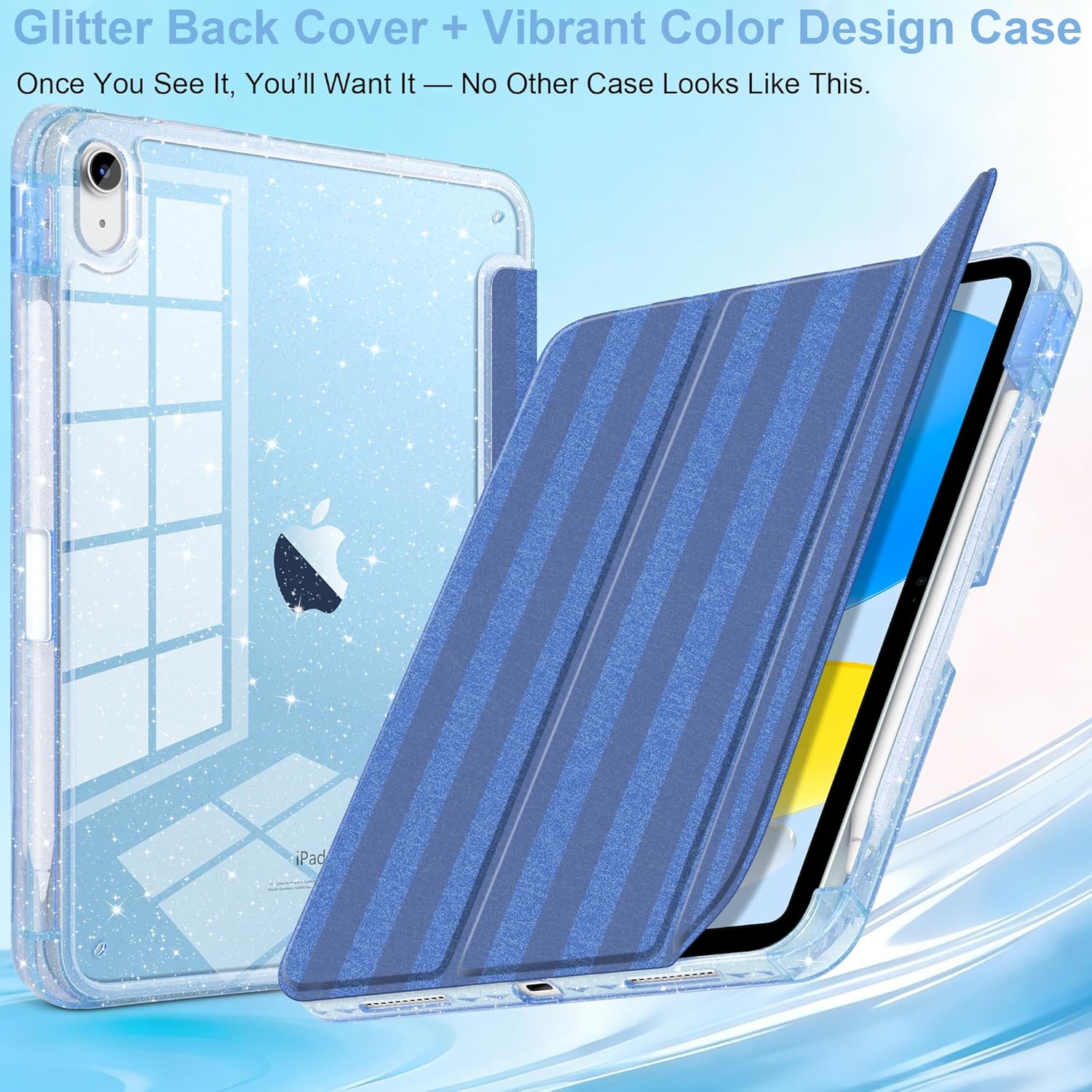 Batianda Glitter Case for iPad (A16) 11th Gen 11 inch 2025 / iPad 10th Gen (10.9 Inch) 2022 - Cute Aesthetic Cover with Silky Pearl-Sheen Finish, Shockproof Clear Sparkle Back, Coastal Stripes