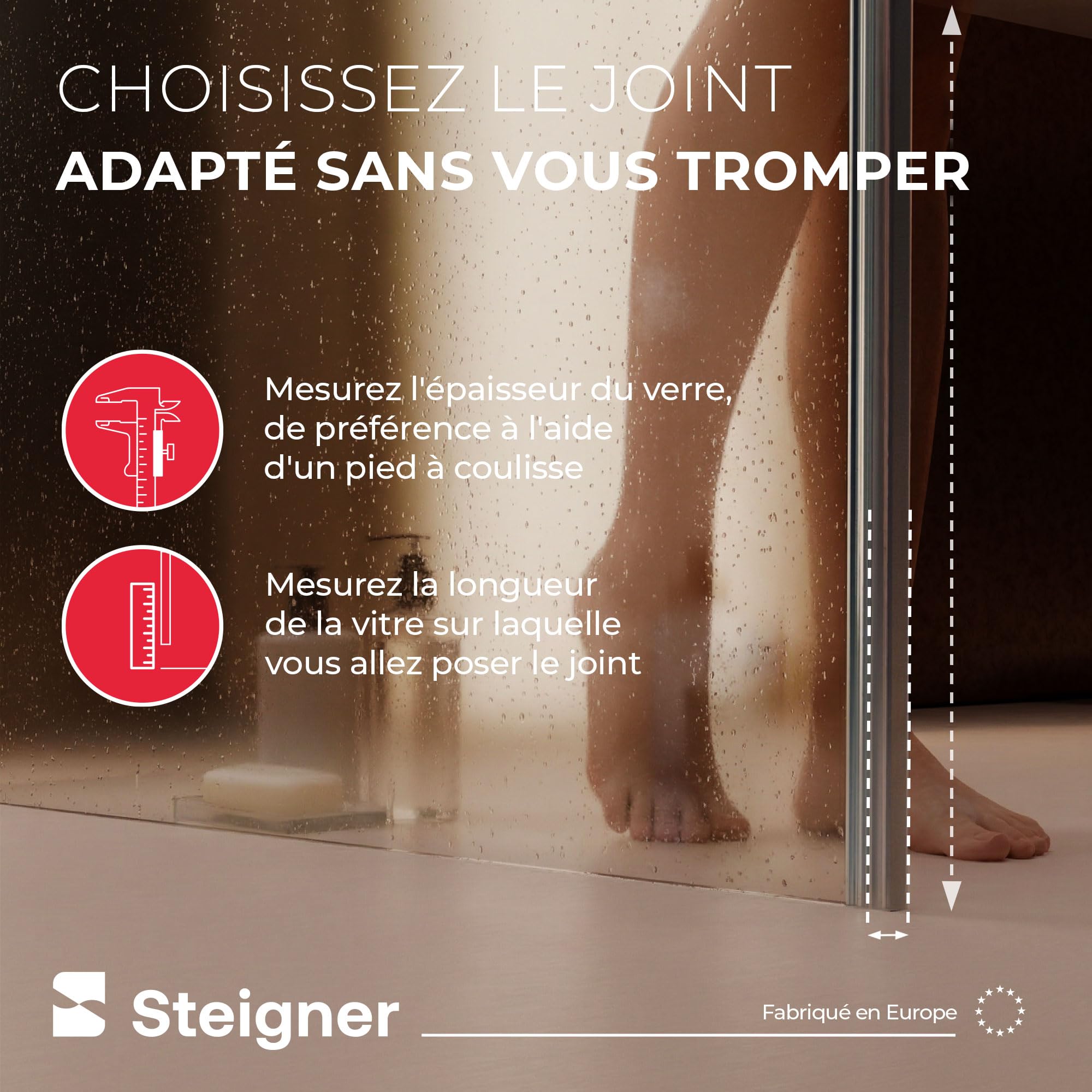 STEIGNER Joint magnetique douche UKM01 181 cm (1 pc.) - Joint porte de douche d’angle, pentagonale, arrondie, en niche ou quart de cercle avec porte 3,5-5 mm - Étanchéité, Protection contre les fuites