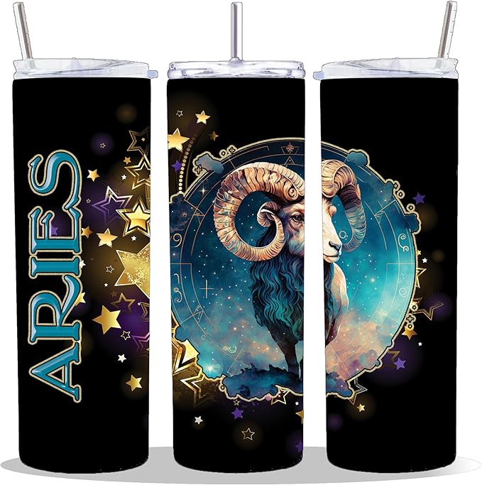 20 oz Insulated Double Wall Stainless Steel Tumbler with Spill Proof Lid and Reusable Straw, Water Bottle Coffee Cups Travel Mug, Gift Ideas, Stars ALL ZODIAC SIGNS Cup Mug Tumbler (Aries)