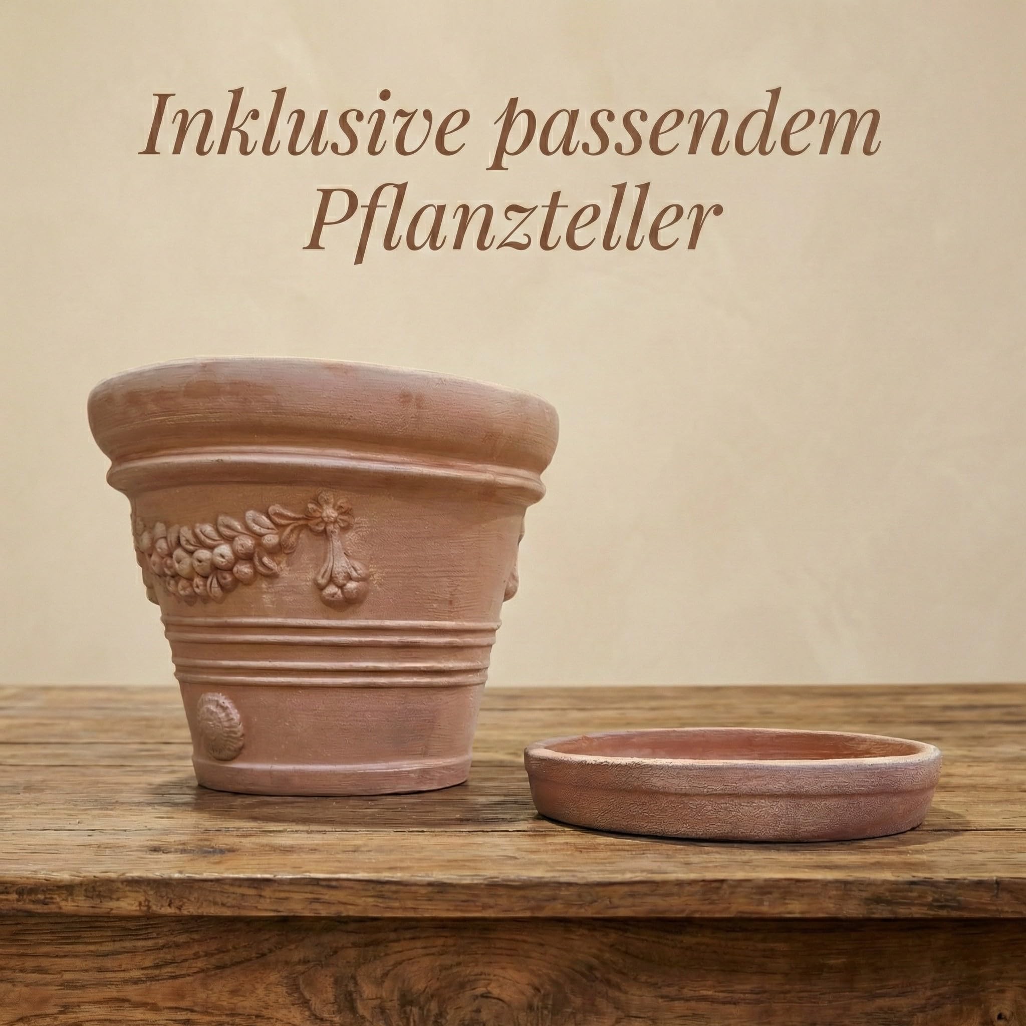 Teramico Terrakotta Pflanzgefäß Festonato inkl. Teller (35cm) | Absolut frostfestes, handgearbeitetes Terrakotta Gefäß in bester Premium Qualität für den Außenbereich mit Wasserablauf