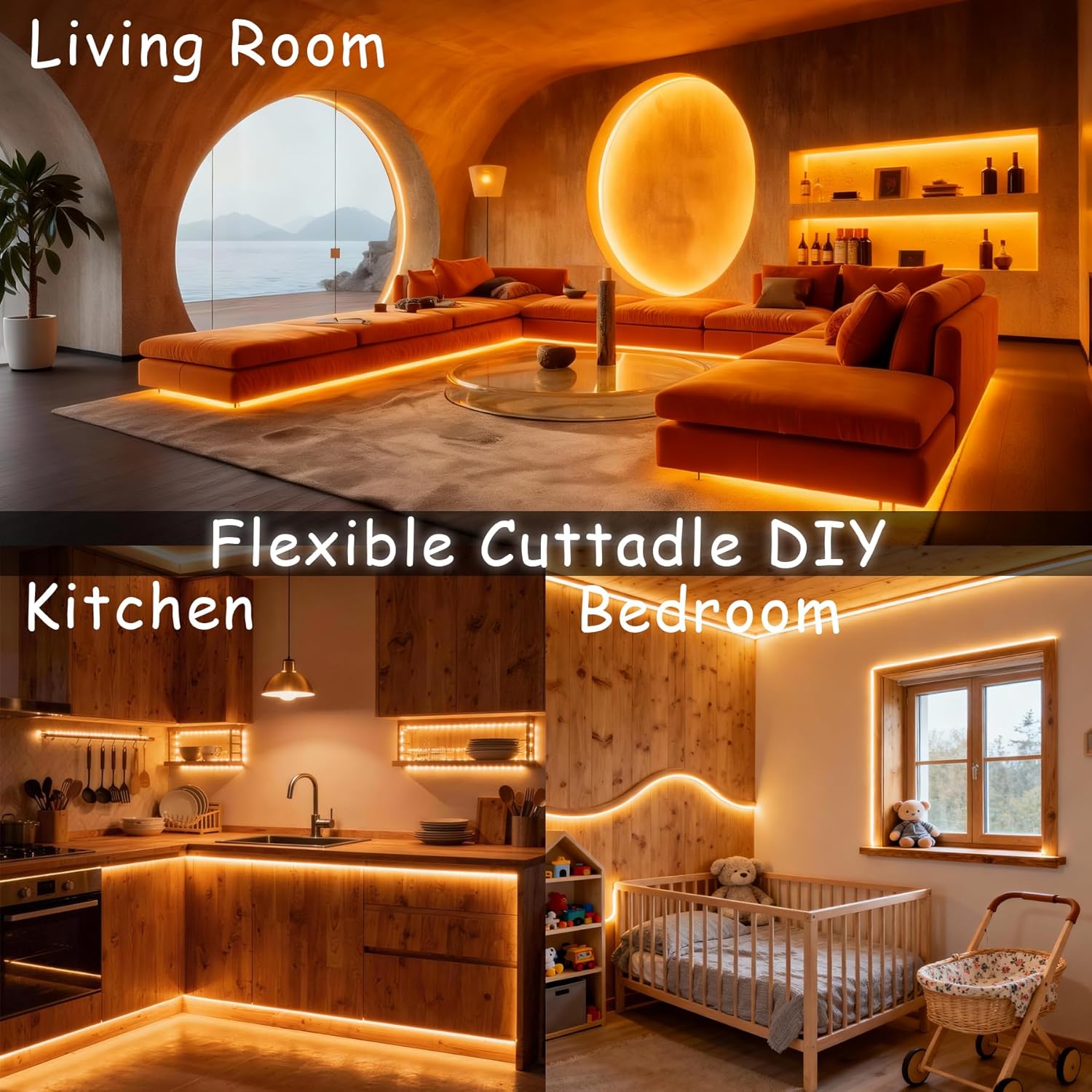 50 FT Warm White Led Lights Strip Rope Lights for Decorations Housewarming Party Indoor Decor Cuttable Strip Lights for Baby Room Bedroom Living Room Ceiling Wall