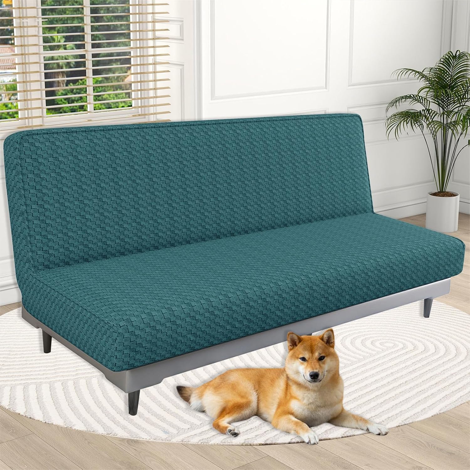 Futon Slipcover, Checkered Futon Cover Stretch Spandex Armless Sofa Cover Universal Washable Living Room Furniture Protector-Teal-170-210cm(67-82.7in)