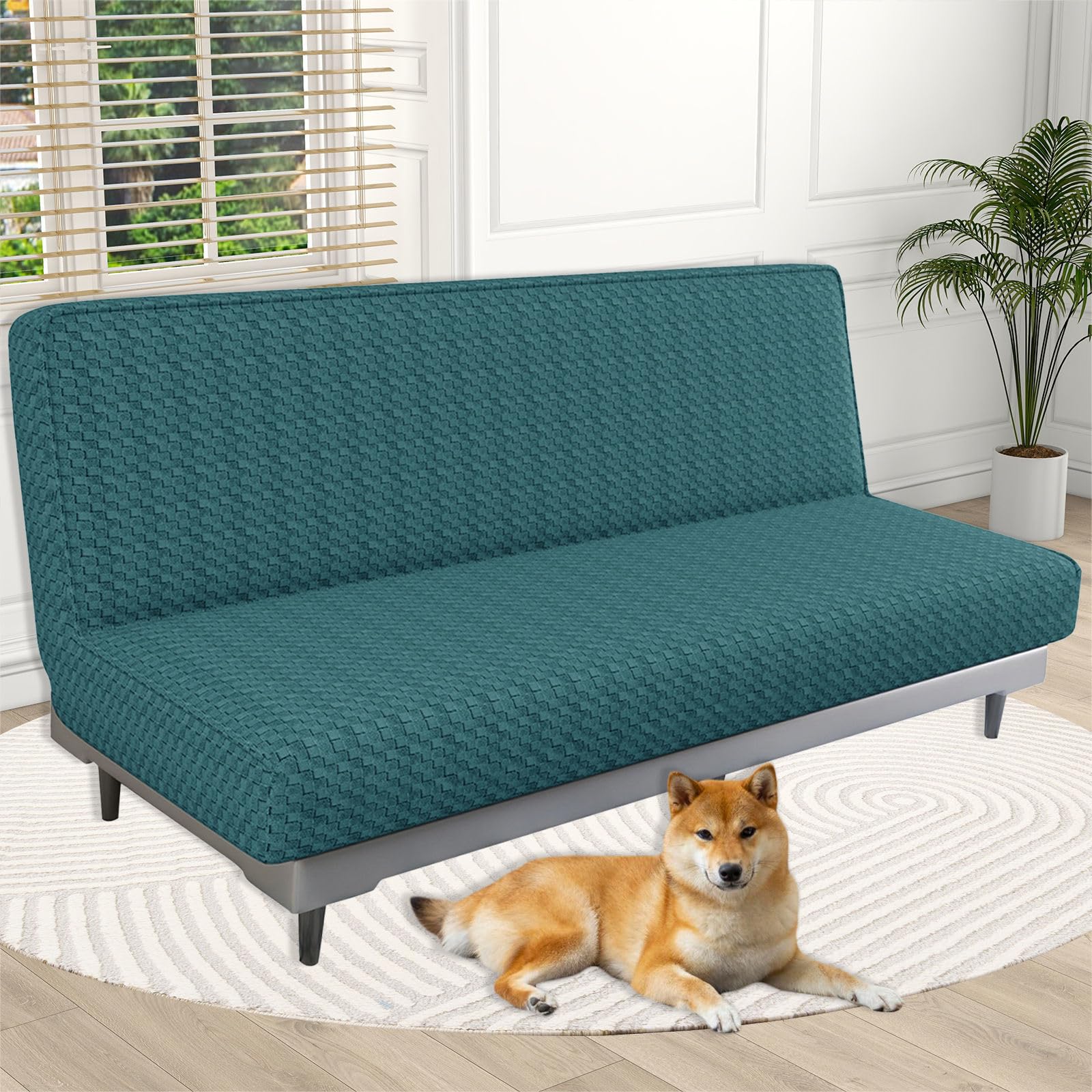 ZRCYXDW Futon Slipcover, Checkered Futon Cover Stretch Spandex Armless Sofa Cover Universal Washable Living Room Furniture Protector-Teal-170-210cm(67-82.7in)