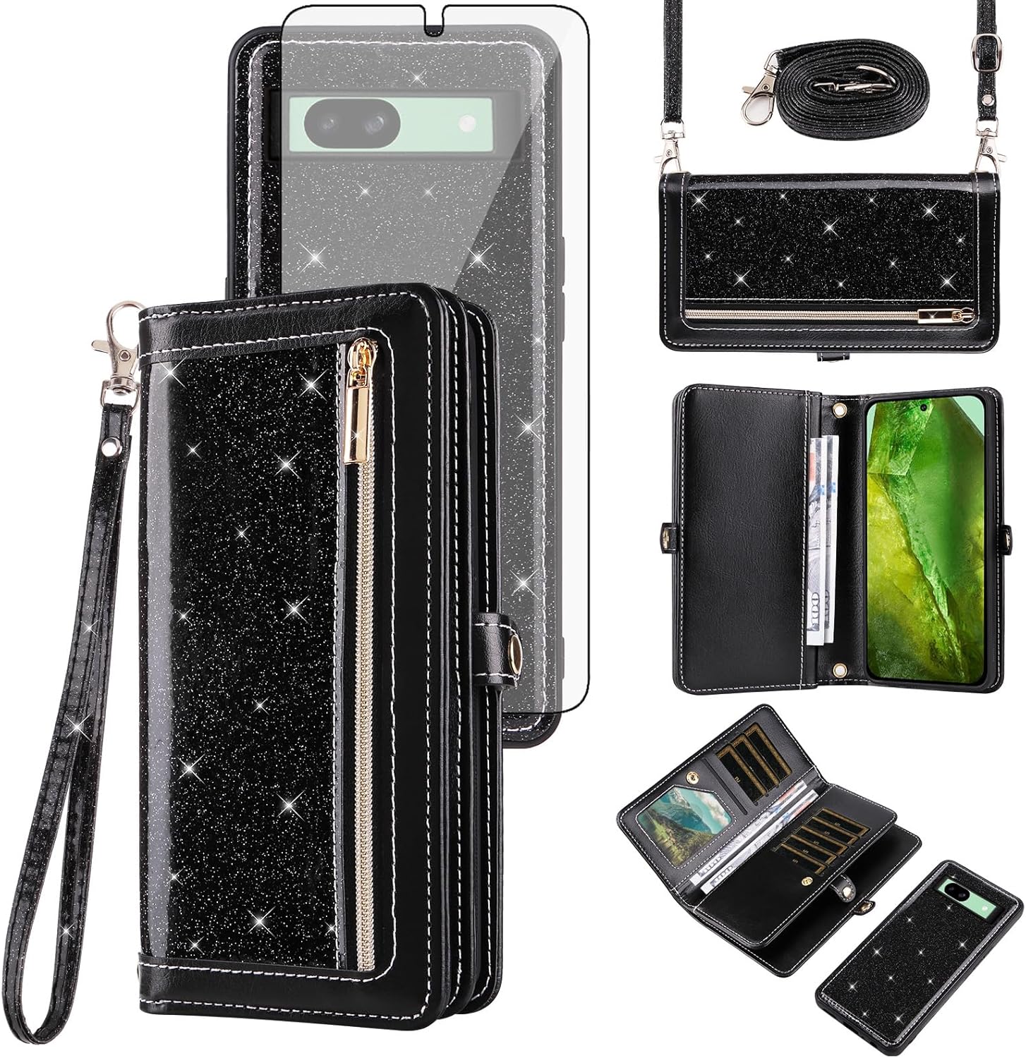 Asuwish Phone Case for Google Pixel 8A Zipper Wallet Detachable Cell Cover with Tempered Glass Screen Protector Crossbody Strap Bling Glitter Flip Card Holder Slot Pixel8A A8 5G Women Men Girls Black