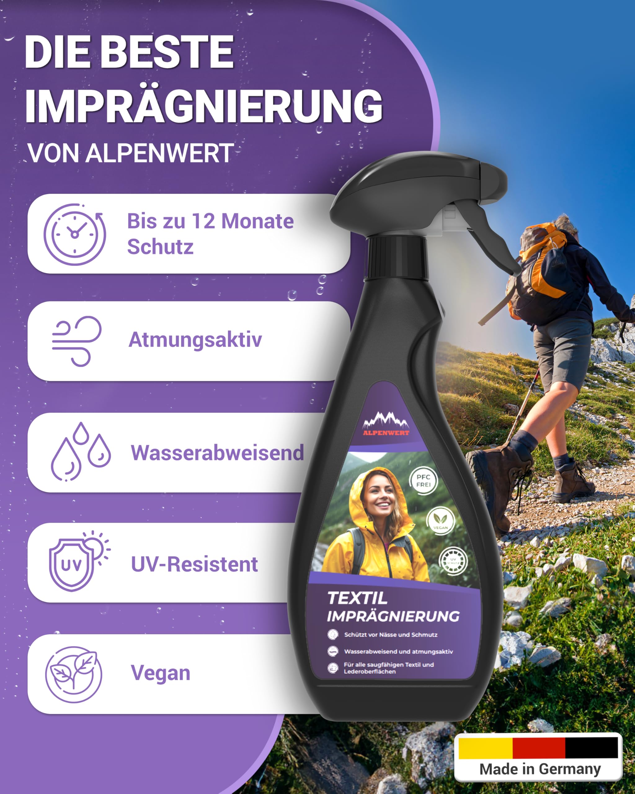 Alpenwert Tekstylny spray impregnujący 500 ml [długotrwała ochrona przed ścieraniem] Made in Germany do tekstyliów outdoorowych, butów, odzieży narciarskiej, namiotów itp. do użytku na zewnątrz