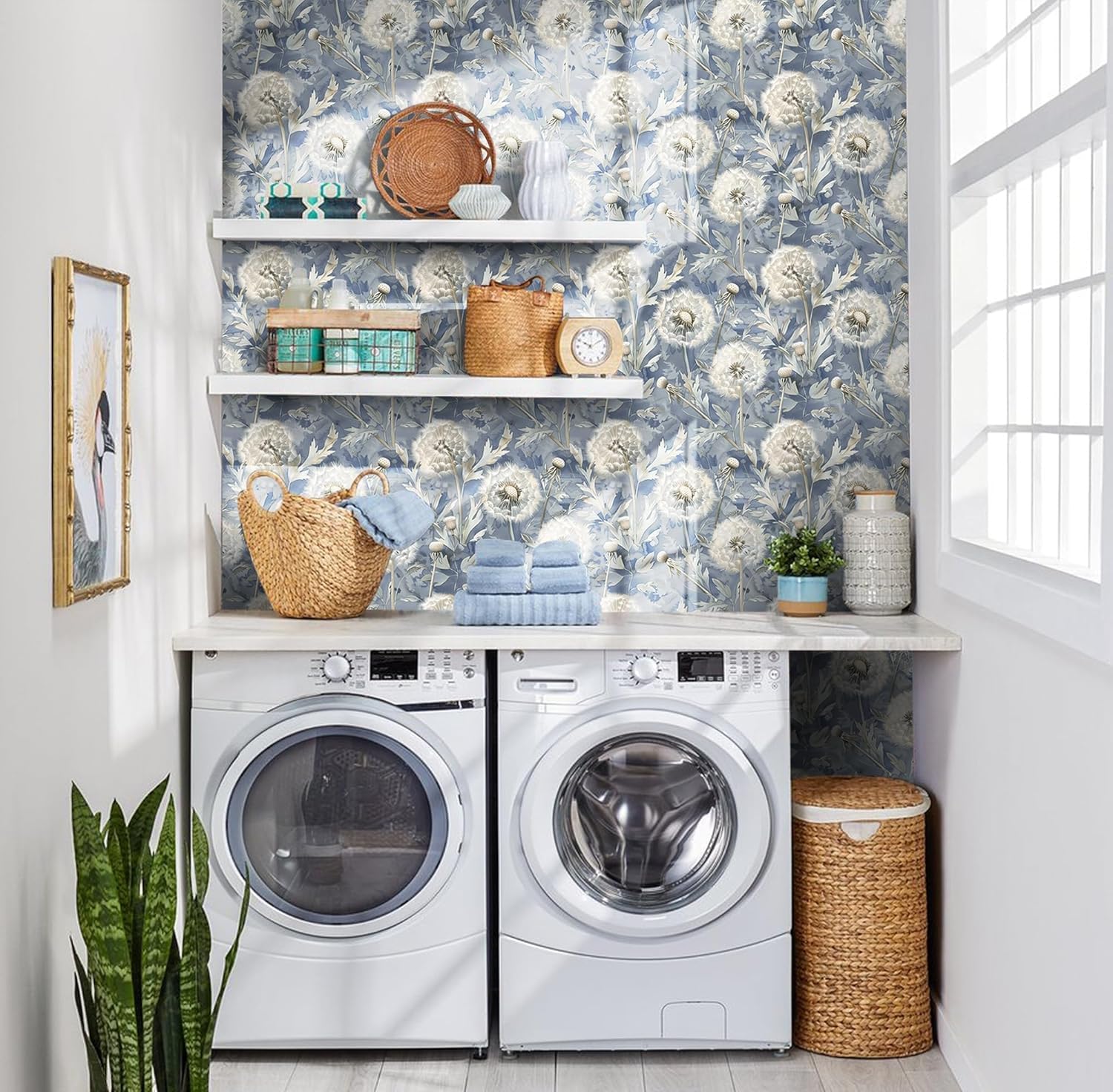Jeweluck Peel and Stick Wallpaper Floral Contact Paper 16.9inx393.7in Vintage Blue Contact Paper Peel and Stick Dandelion Boho Self Adhesive Removable Wallpaper for Bathroom Cabinets Decorative
